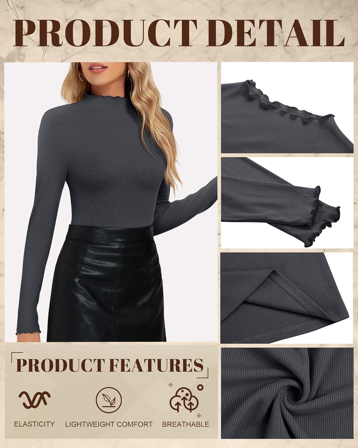 Neer 4 Pack Women's Mock Turtleneck Tops Cotton Long Sleeve Ribbed Lettuce Trim Shirts Slim Fit Casual Fall Basic Tees - Image 6