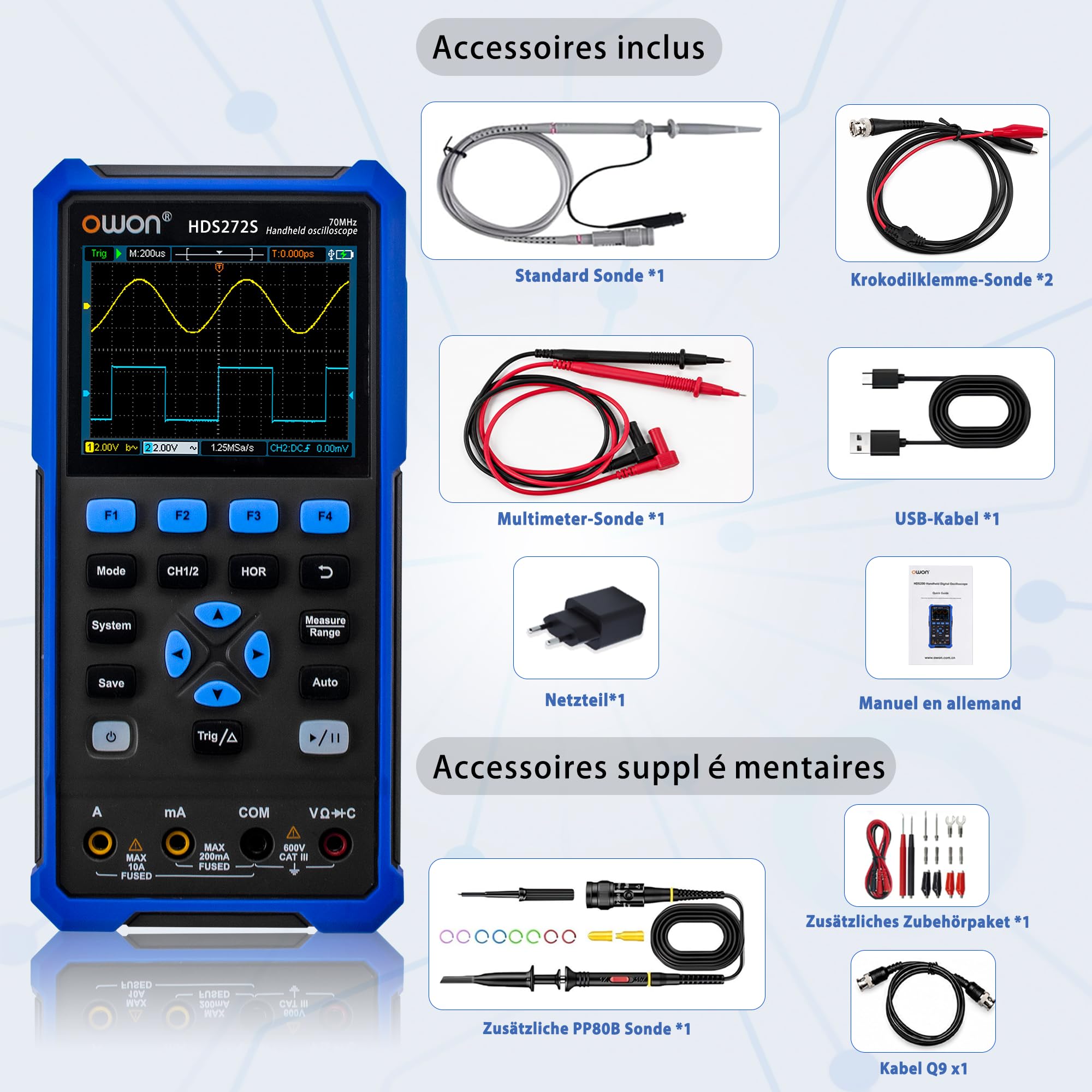 HDS272S 3 in 1 OWON Oszilloskop 70MHz mit 2+1 CH mit 3,5 Zoll LCD mit einstellbarer Helligkeit (Oszilloskop + Multimeter+ Generator)
