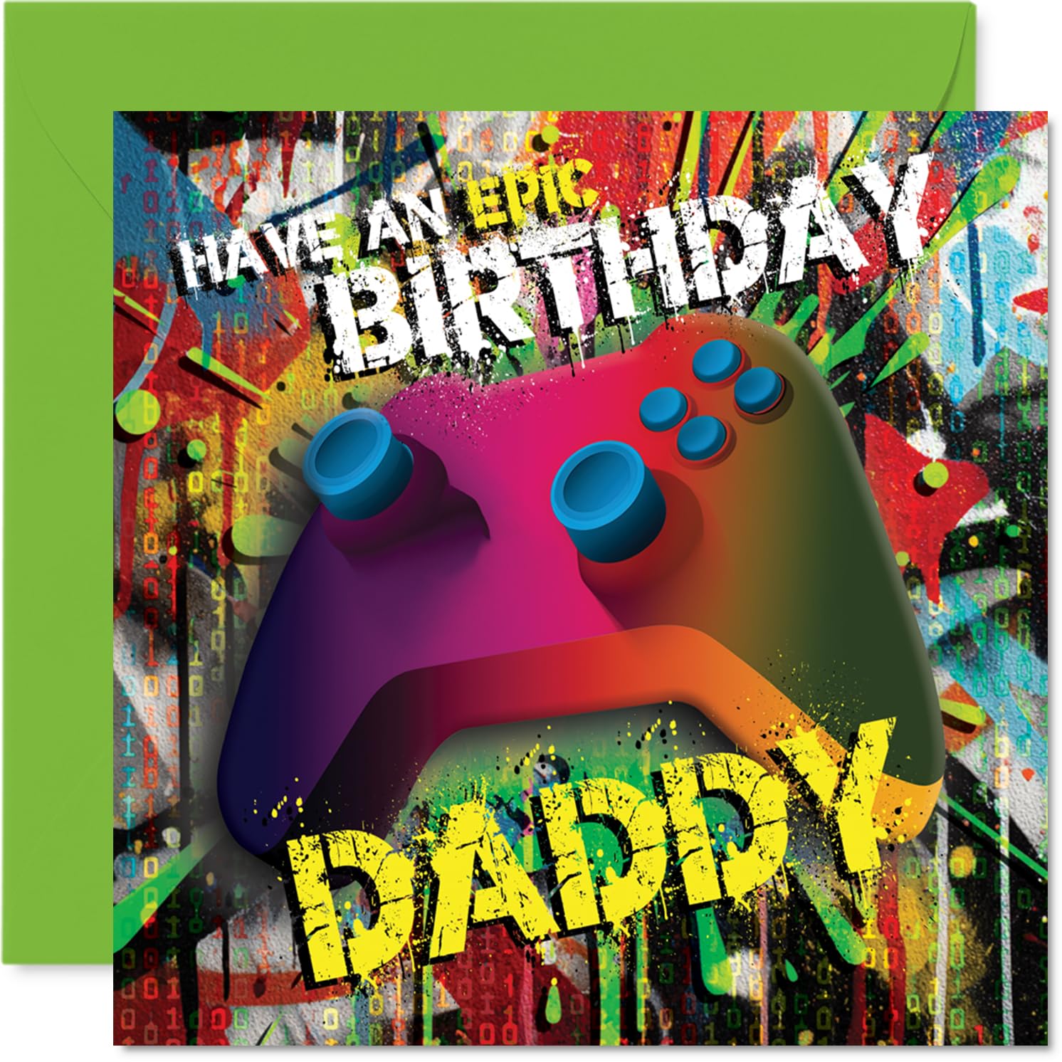 Playful Birthday Card for Daddy - Level Up His Day - Vibrant Gaming Controller on an Energetic Abstract Background - Ideal for Fun-loving Dads - 145mm Square, Envelope Included