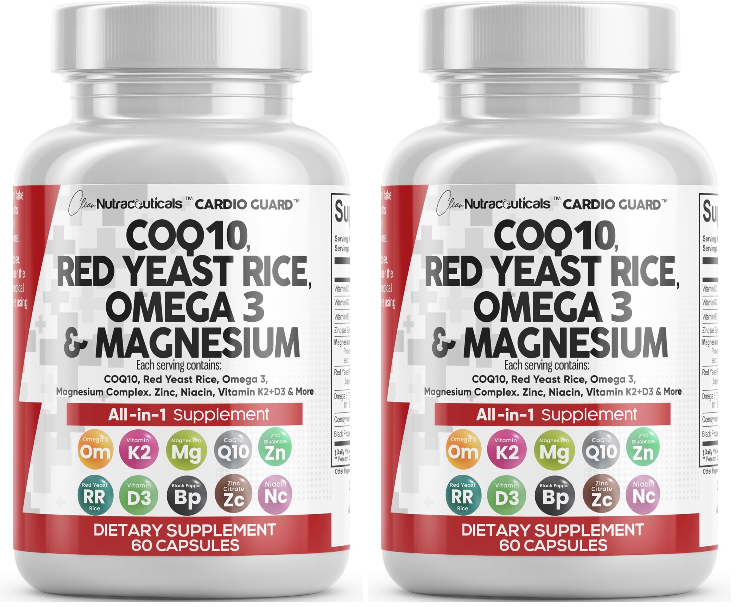 Clean Nutraceuticals COQ10 200mg Red Yeast Rice Flax Seed Magnesium Blend Niacin Zinc Vitamin K2 D3 - Heart Support Vitamins for Women & Men w/Vitamin B3, Coenzyme Q10-60 Ct (Pack of 2) 60 Count (Pack of 2)