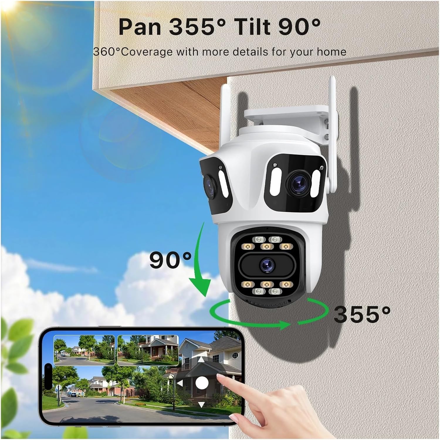 The TWSYOXPR IP Camera mounted on an outdoor wall, with arrows indicating its 355-degree pan and 90-degree tilt capabilities. A smartphone screen shows the camera's wide coverage.