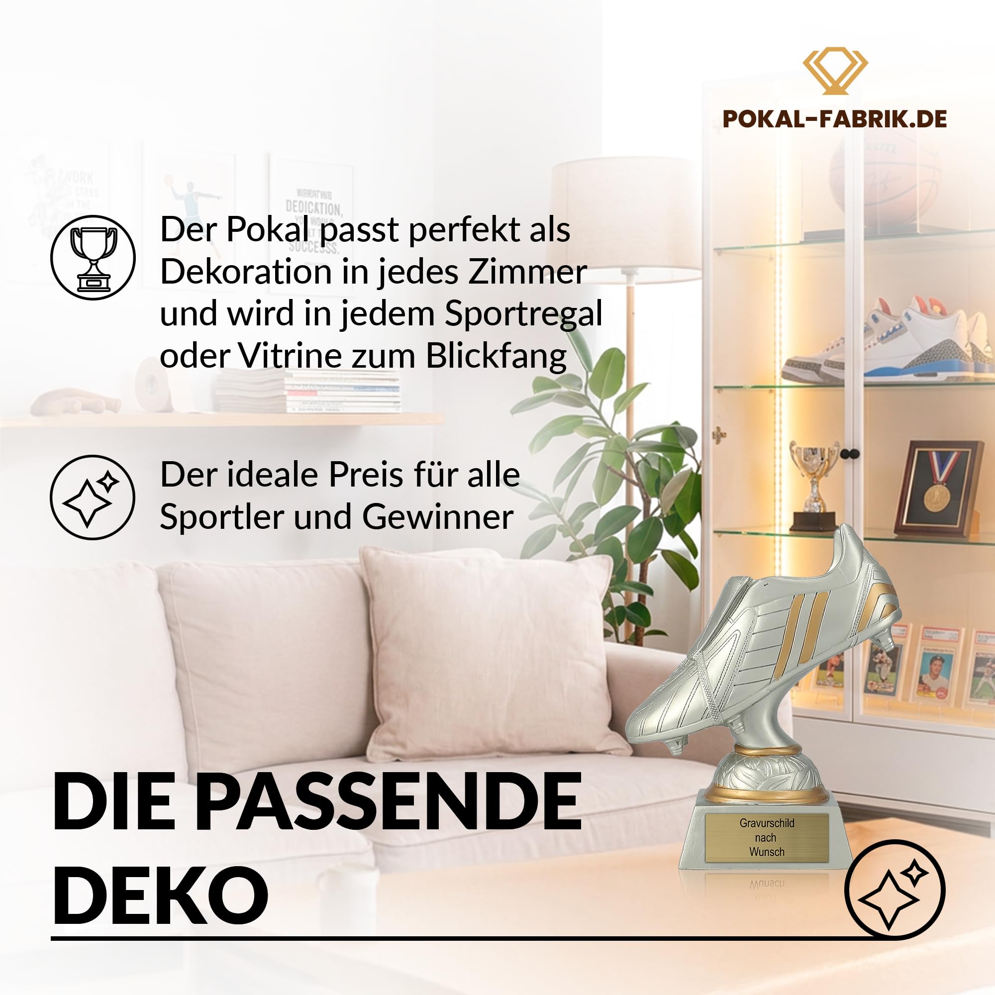 Pokal-Fabrik - Pokal mit Gravur Wunschtext - 17 cm Resin Gold/Silber Sportfigur Fussball-Schuh – Geschenk-Trophäe für Fußball WM, Sport Events & Wanderpokal - Torschütze