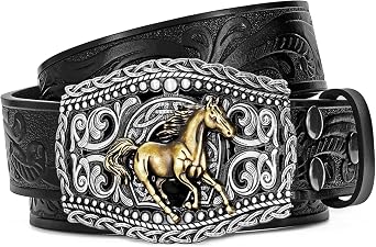 Cowboy Belt for Men Women Western Leather Belt with Buckle for Rodeo Outfit | Western Cowboy Belt with Embossed Leather and Horse or Bull Buckle for Men Women Rodeos Jeans Country Outfits and Festivals