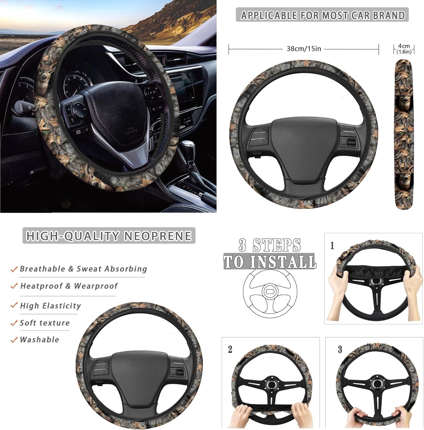 Deer Car Seat Cover Set - 14 Pcs with Steering Wheel, Seat Belt, Handbrake, Gear Shift, Armrest, Rearview Mirror Covers & Coasters, Camo Hunting Woodland, Universal Fit for Most Vehicles