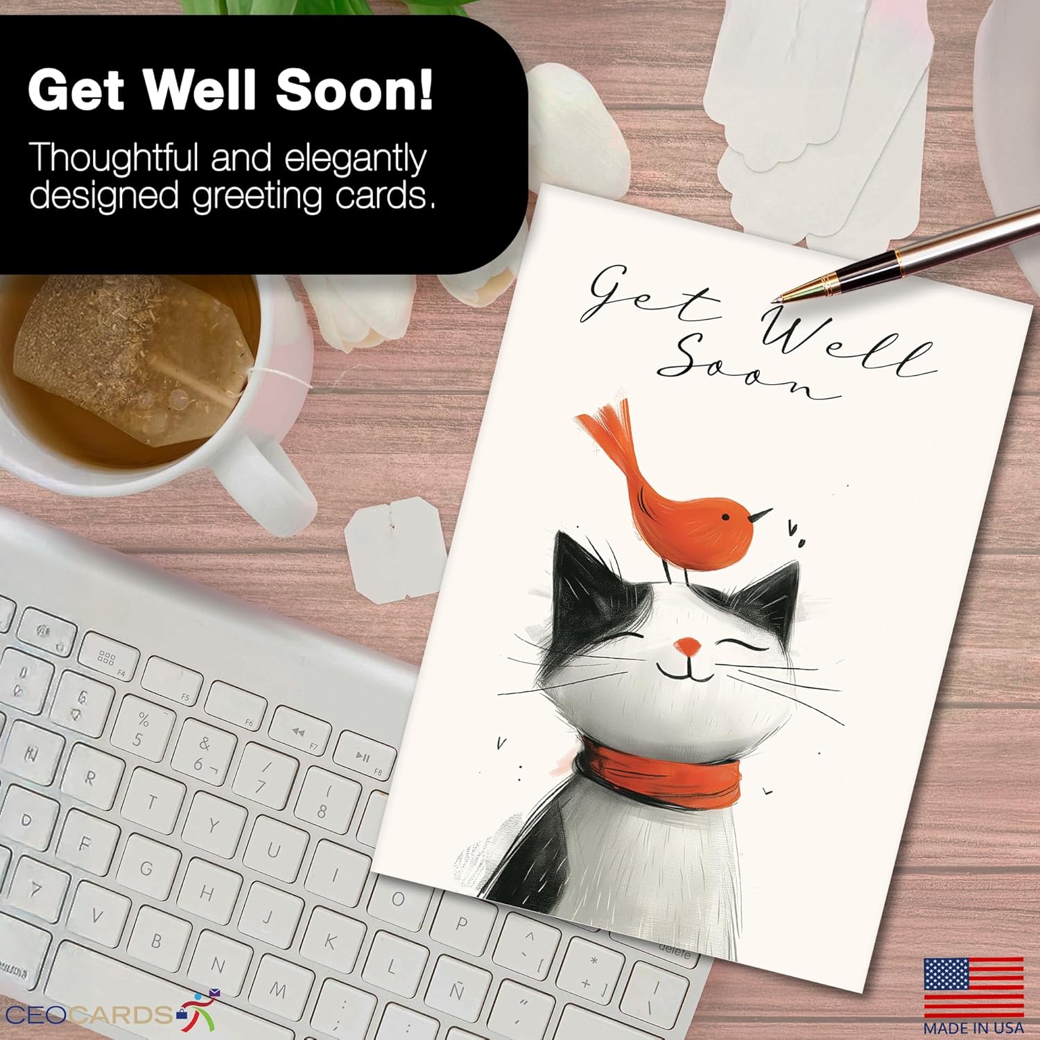 Get Well Soon Cards Bulk Greeting Card Set (Cat Well) 18 Pack With Envelopes - 5x7 Inch Feel Better Recovery Message for Family, Mom, Sister, Aunt, Coworkers & Office (GW2404)