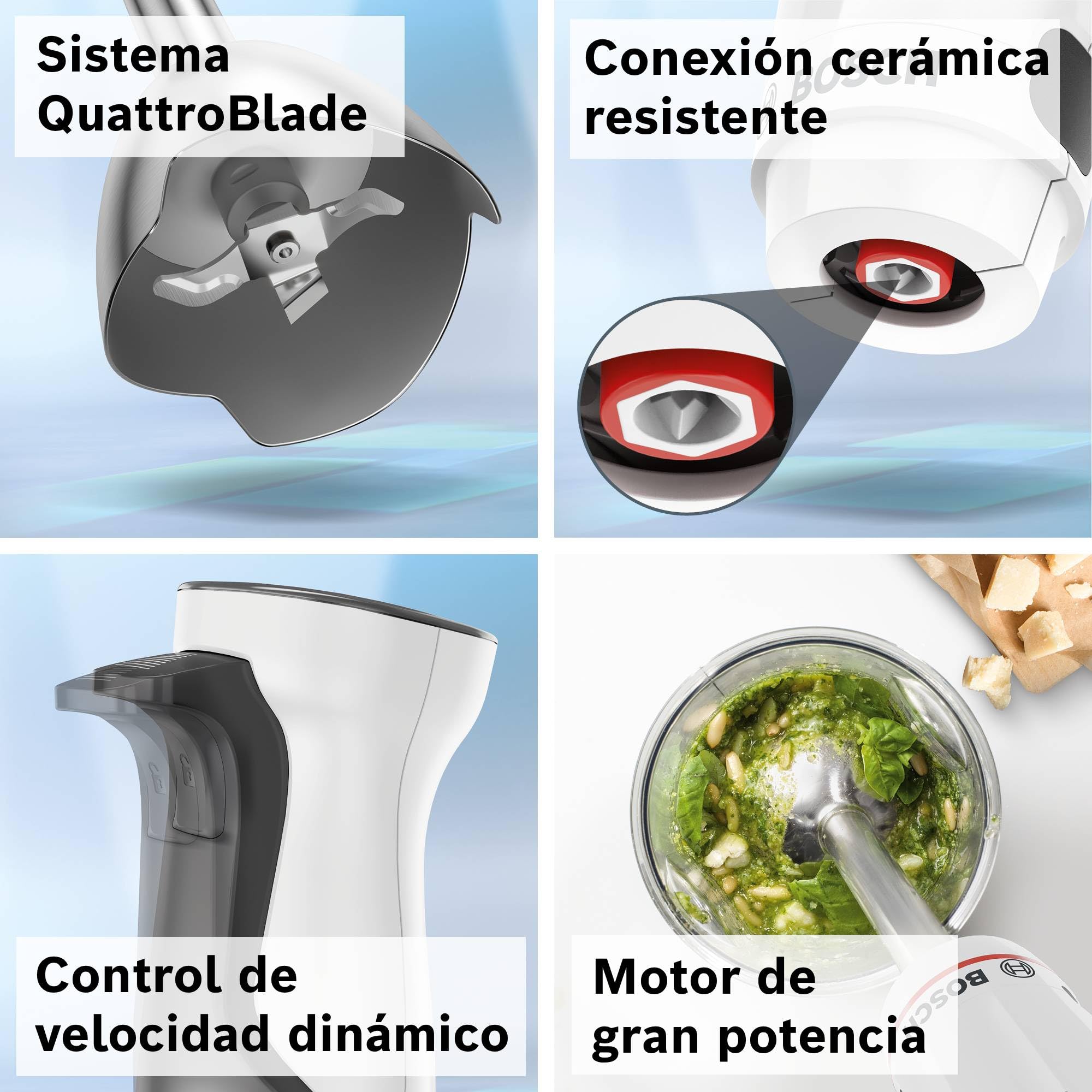 Bosch - Batidora de mano ErgoMaster Serie 4, 600 W, Control de velocidad con una mano, Cuchillas QuattroBlade, Vaso medidor incluido, Blanco, MSM4W220