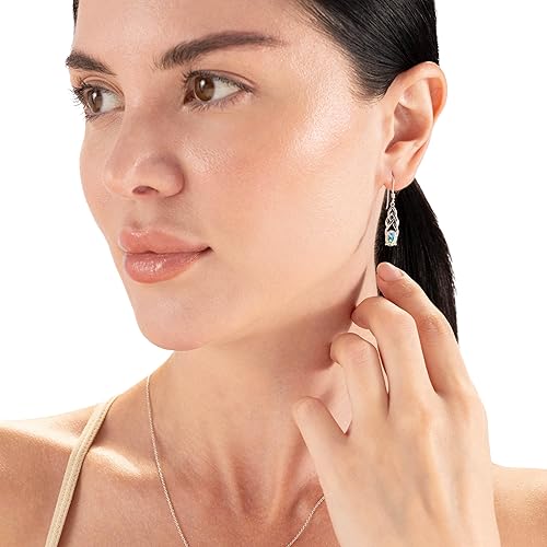 Vista 2 de Silvershake Aretes de gancho colgantes de plata de ley 925 chapados en oro amarillo de 0.276 x 0.197 in con piedra natal ovalada, acabado antiguo