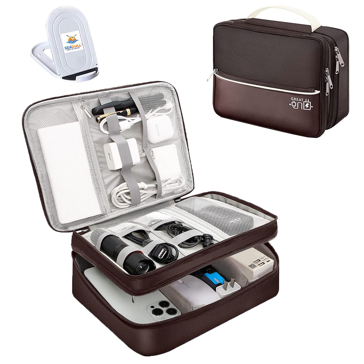 Seagull flight of fashion Double Layer Electronic Gadget Organizer Case, Cable Organizer Bag for Accessories with Mobile Stand - 27 X 20 X 9 cm - Coffee - Model 2 (B0BRQ5ZRR3) Amazon Price History, Amazon Price Tracker