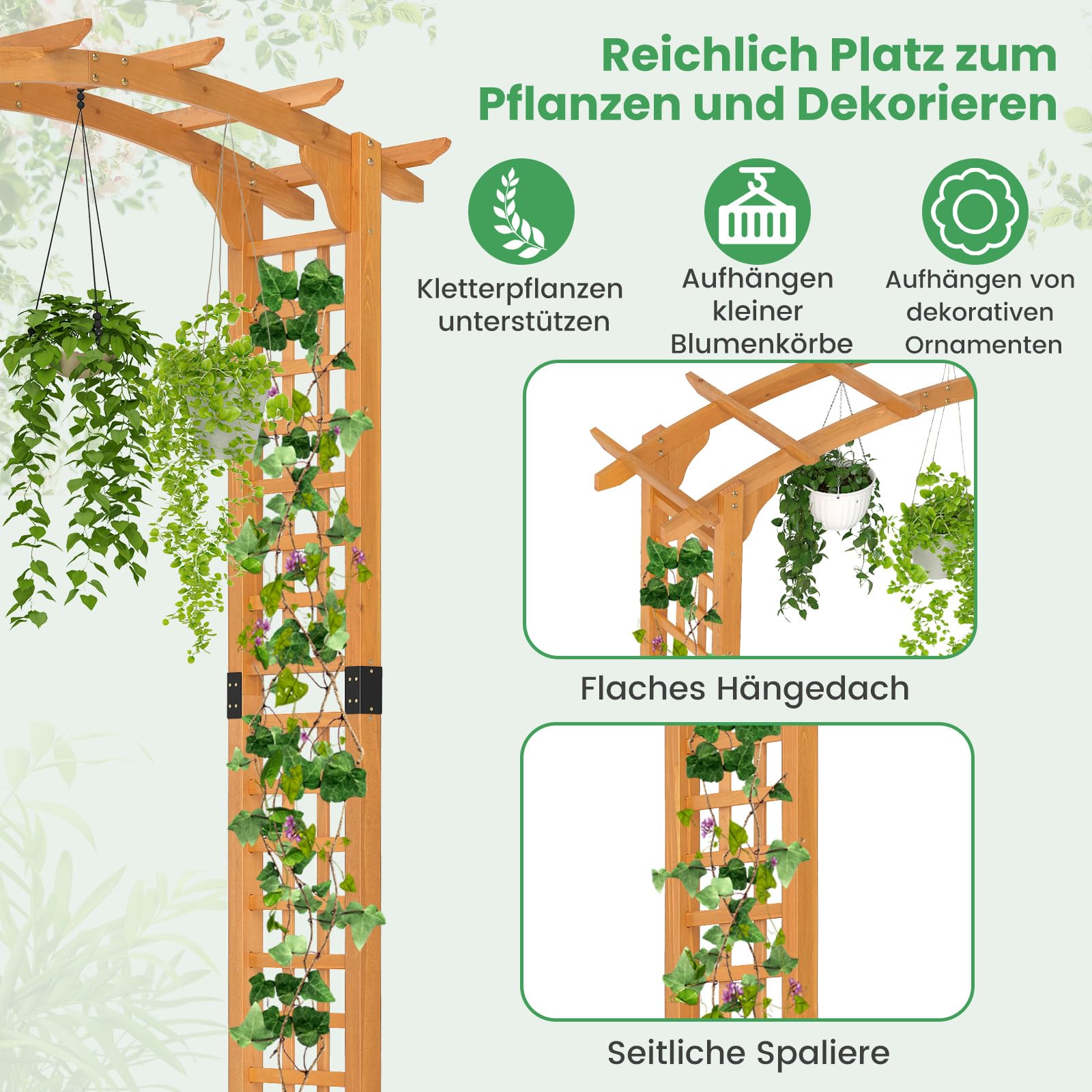 GOPLUS Rosenbogen Holz, Torbogen mit mit Spalieren & erweitertem Dach, Gartenbogen Pergola Rankhilfe für Kletterpflanzen, Hochzeitsbogen Rankbogen für Garten, Hochzeiten & Partys (160 x 60 x 229 cm)