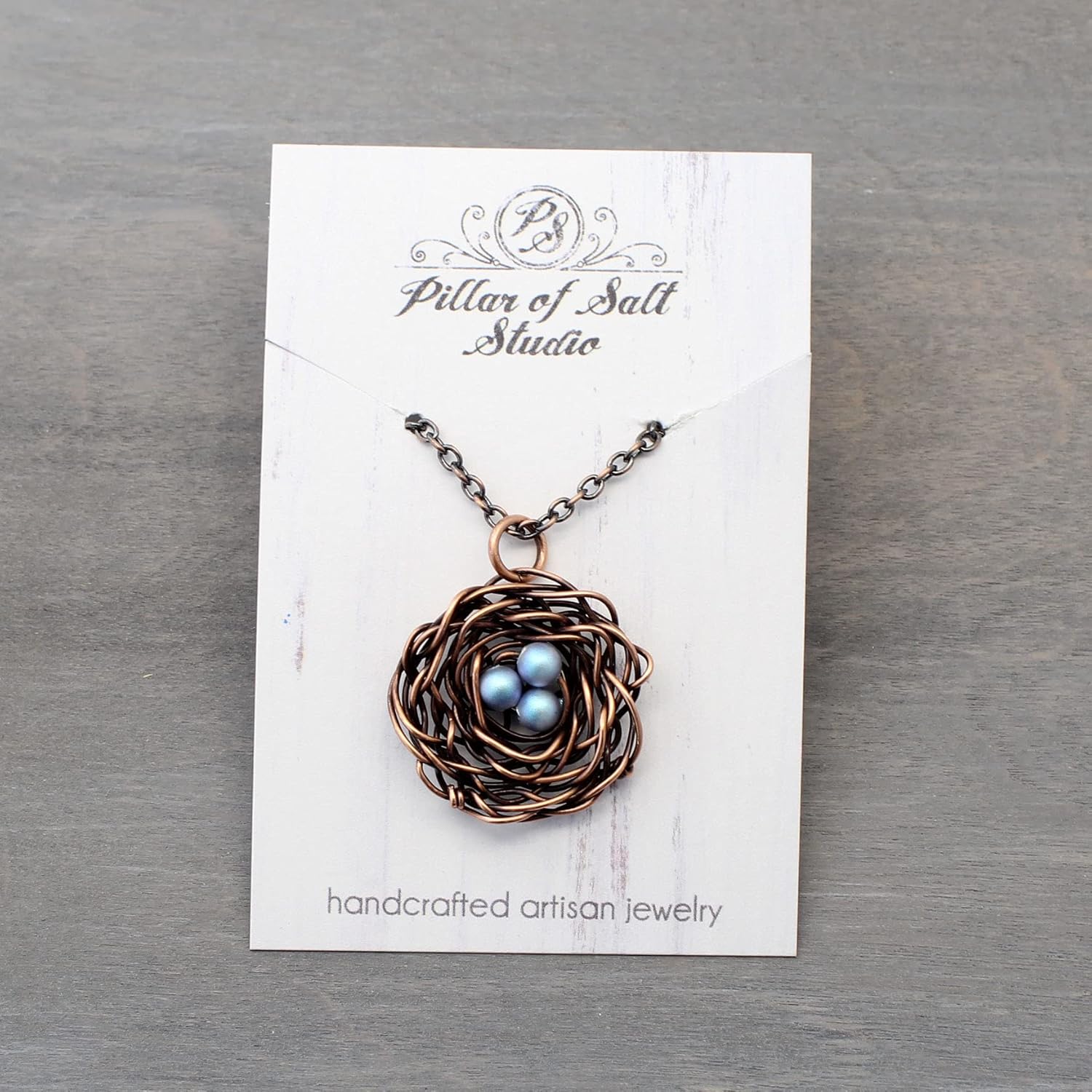 Pillar of Salt Studio Handcrafted Copper Bird Nest Pendant with Simulated Pearl Eggs (18" Chain, Iridescent Light Blue)