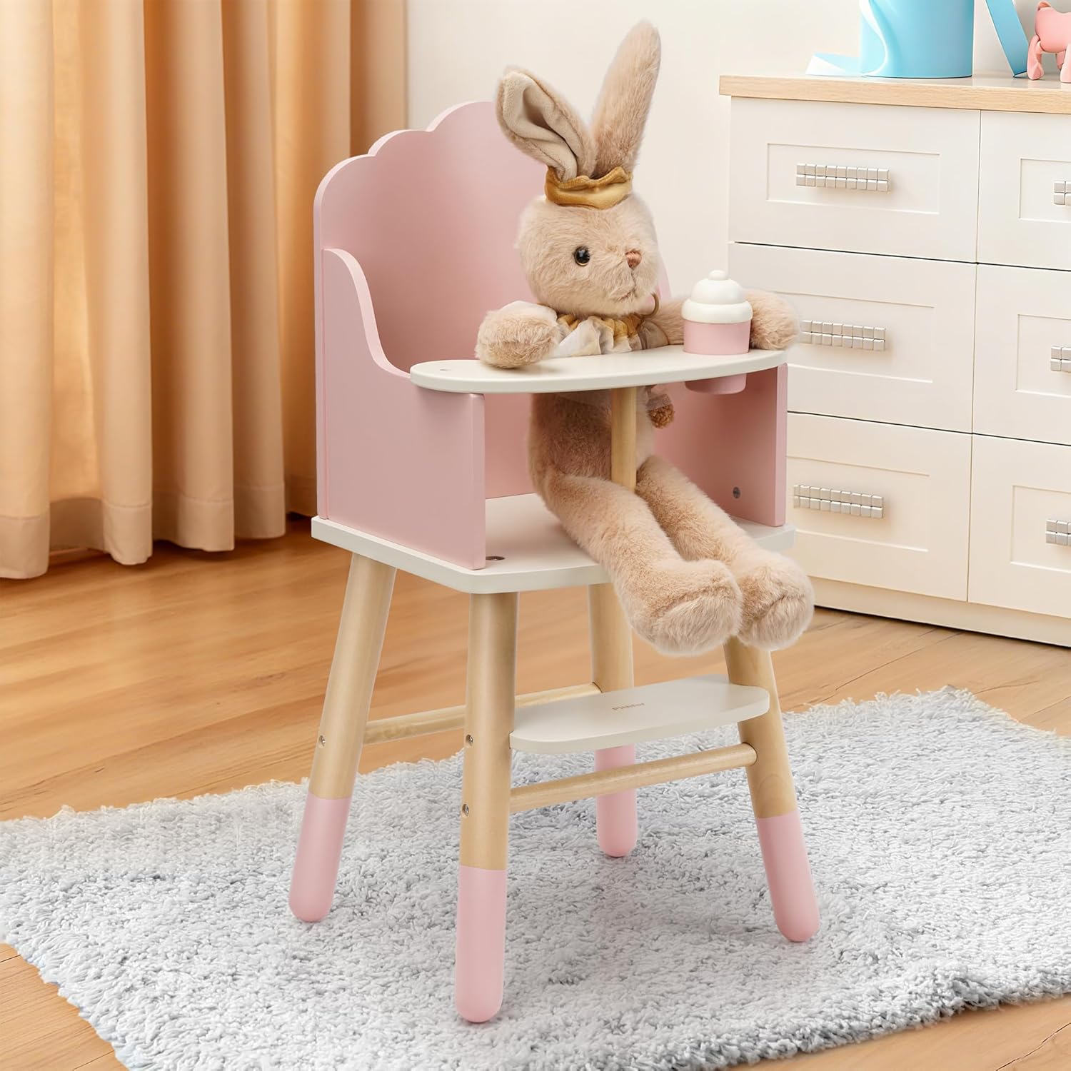 Wooden Baby Doll High Chair, Doll Furniture, Fits Up to 18 inch Baby Dolls, 18 inch Doll Accessories - Pink