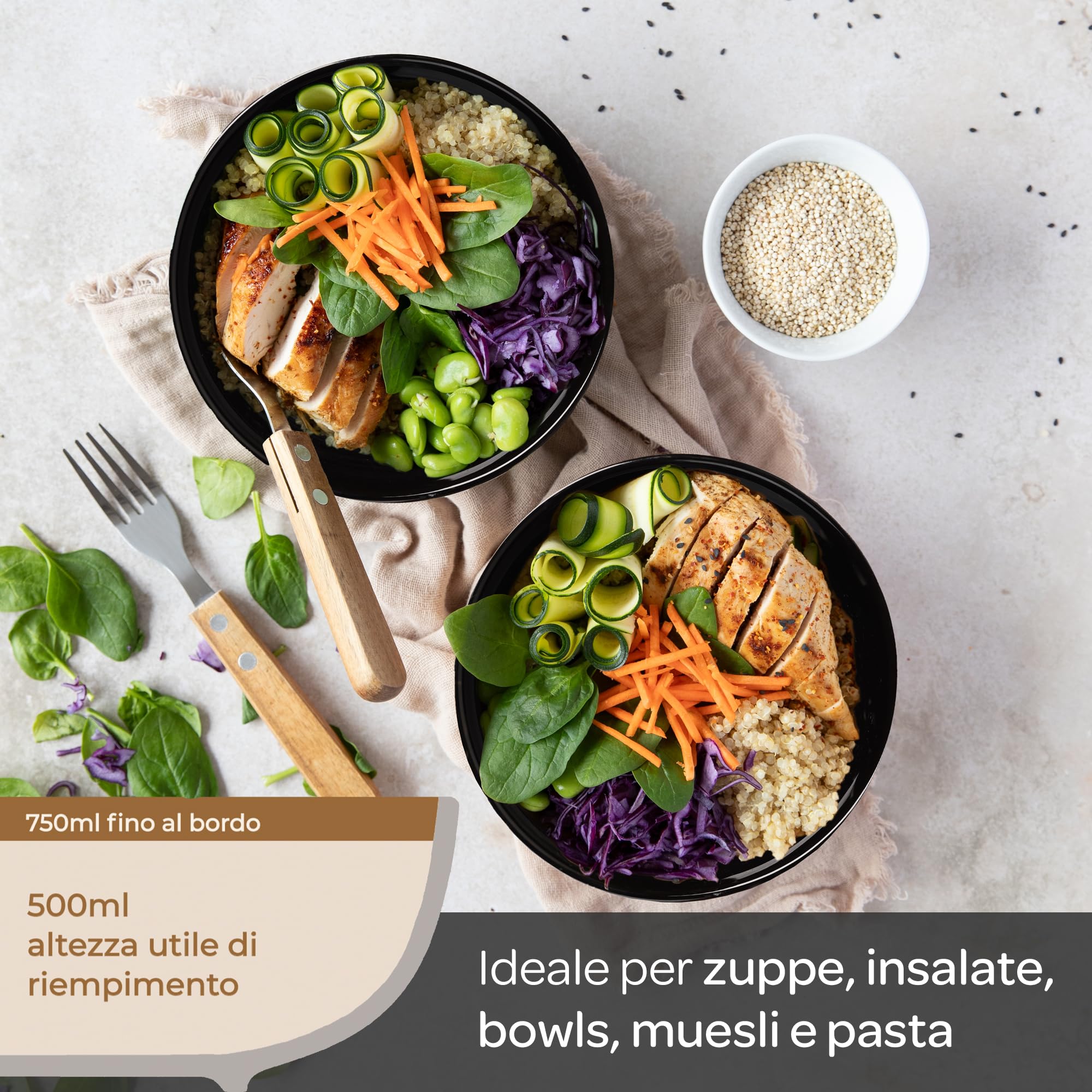 Steinzeit Ciotola Cucina Design (6x750ml, nero) - Insalatiera Ceramica per zuppa extra large - Ciotole colazione lavabile in lavastoviglie - Bowl - Ciotola per cereali - Insalatiera in ceramica