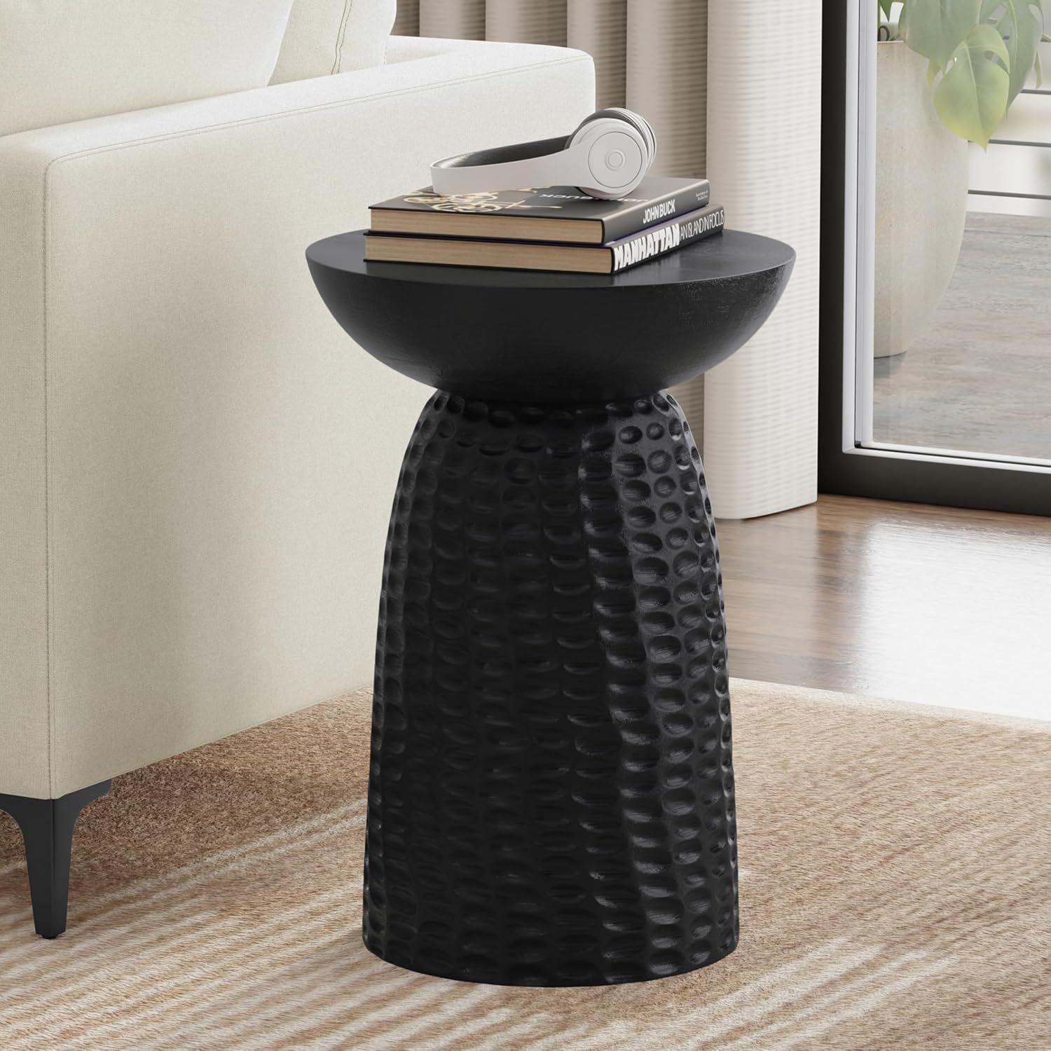 simplihome boyd end table - 16 inch wide solid mango wood round accent table in black, handcrafted contemporary nightstand or lamp stand for living room, bedroom, or family room, assembled 16 inch accent table black