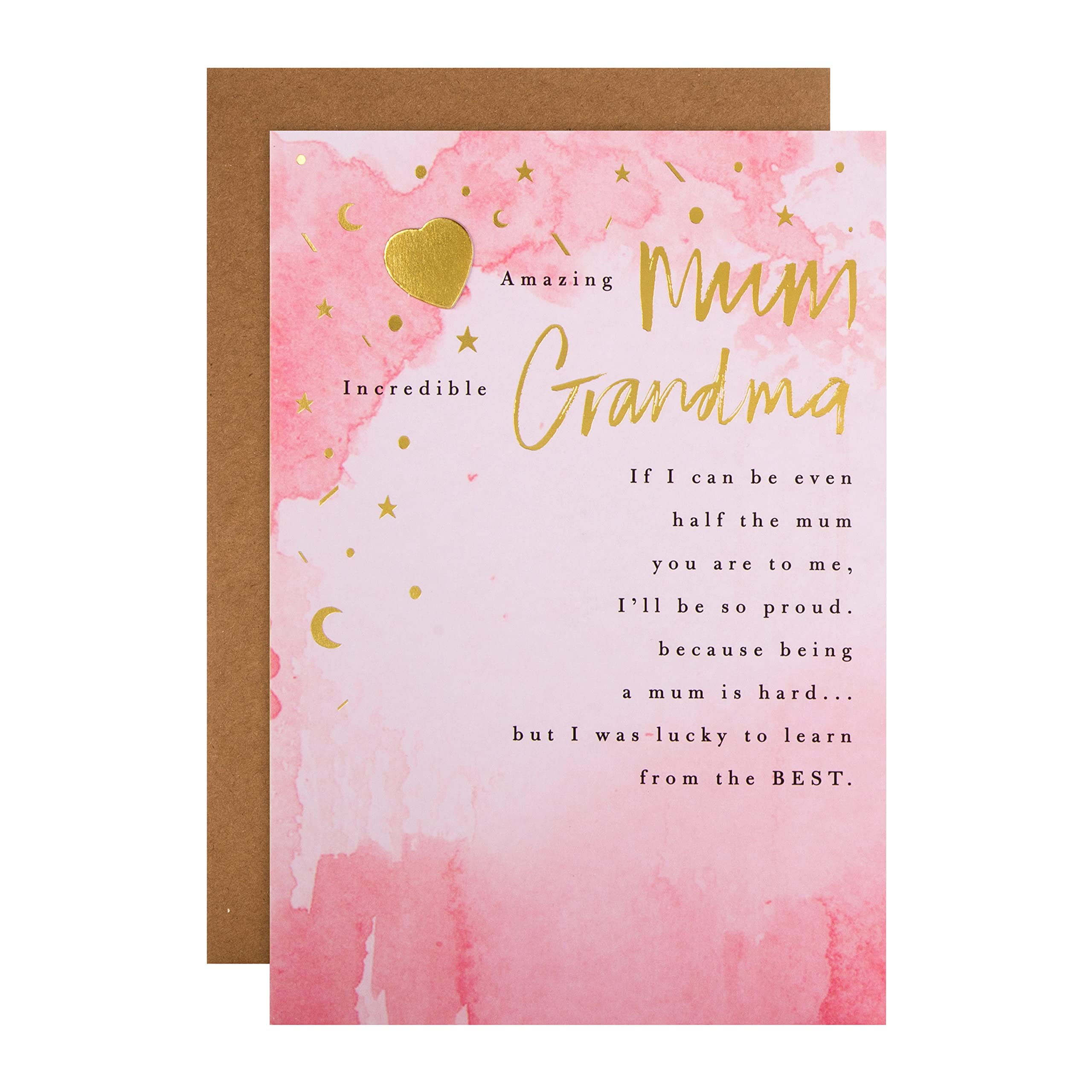 Hallmark Mothers Day Card for Mum & Grandma, Classic Heartfelt Verse Design, Hearts, Stars & Moon Design, Pink, Gold