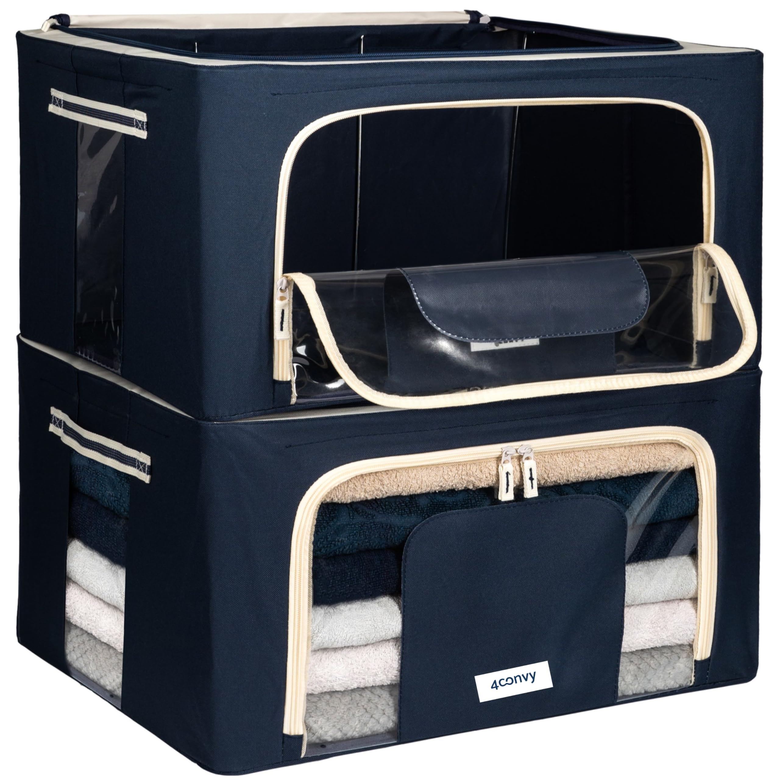 4CONVY Kleideraufbewahrung Kleiderschrank Box mit Reißverschluss Metallrahmen - große faltbare stapelbare Aufbewahrungsbox -2x24L Aufbewahrungstaschen - Kleiderbox für Bettdecke Kleidung Aufbewahrung