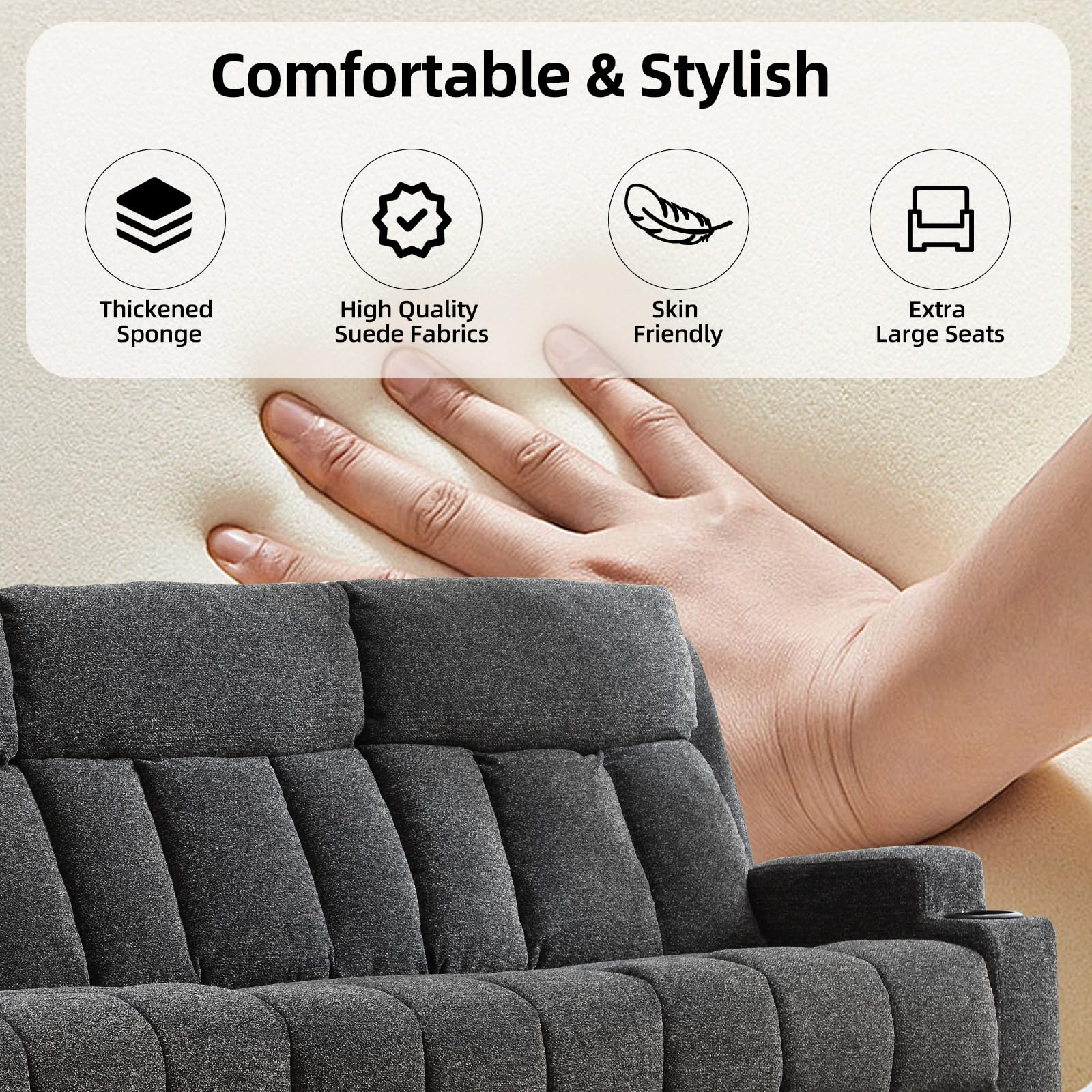 CANMOV Manual Recliner Sofa Set, Fabric Recliner Living Room Furniture Sets, 1 Seat Reclining Chair, a Loveseat, a 3 Seat Sofa Furniture Set with Side Pockets and Cup Holders, Dark Grey view 7