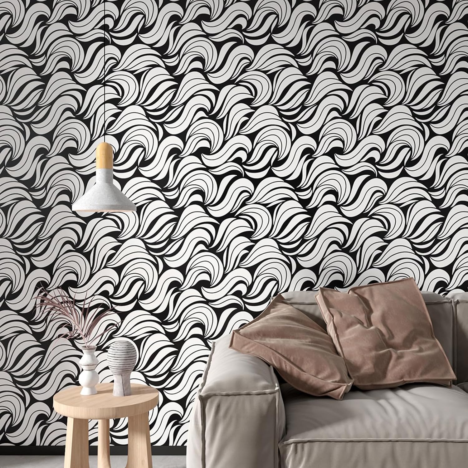 Peel and Stick Wallpaper Sea Wave Black and White Wallpaper 17.5"×120" for Walls Self Adhesive Removable Modern Contact Paper White and Black Sea Wave Contact Paper for Cabinet Renter Friendly