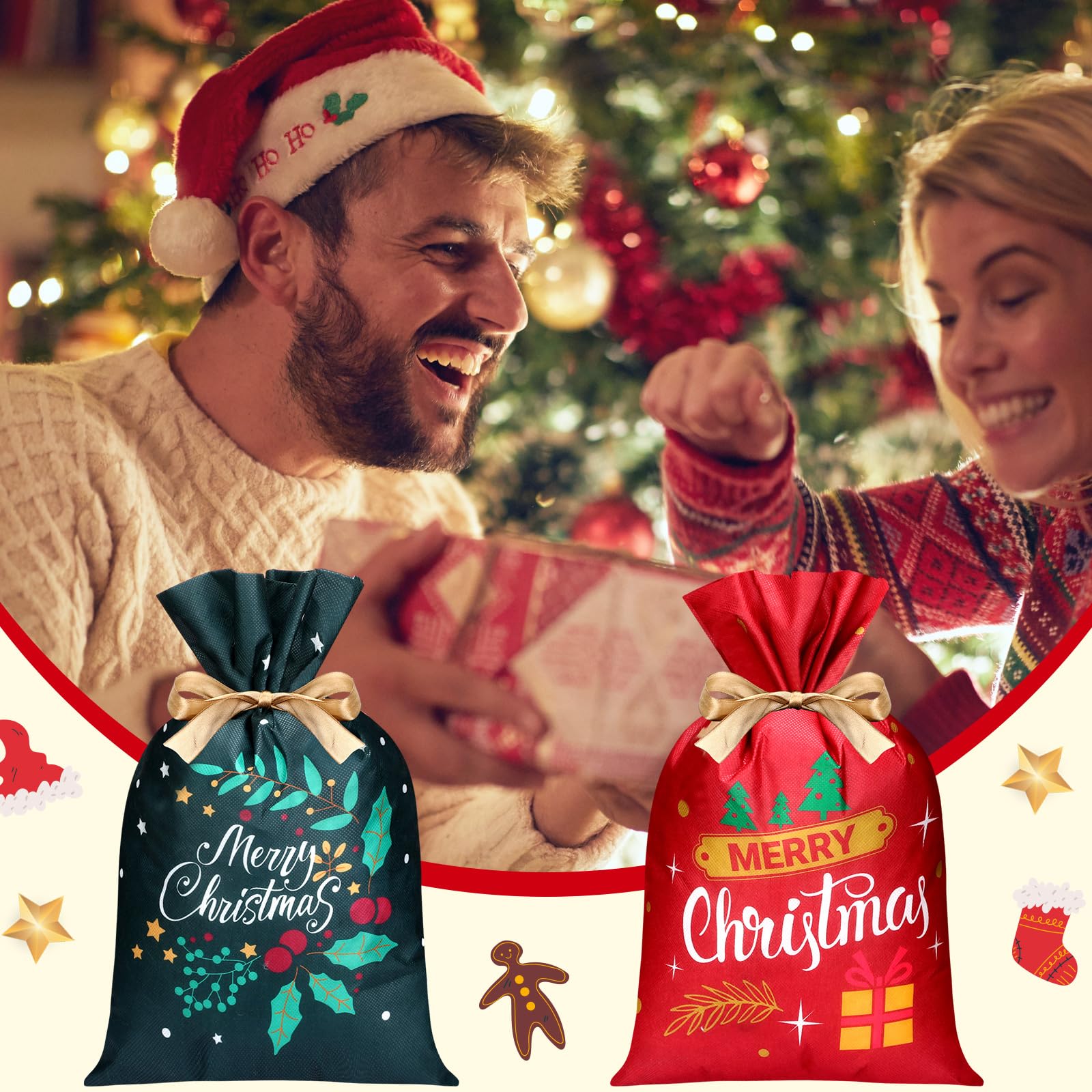 Wesnoy 20 bolsas de regalo de Navidad con cordón, bolsas de regalo de tela no tejida, bolsas de regalo de 12 x 18 pulgadas, bolsas reutilizables de regalo de Navidad con cordón para almacenamiento de