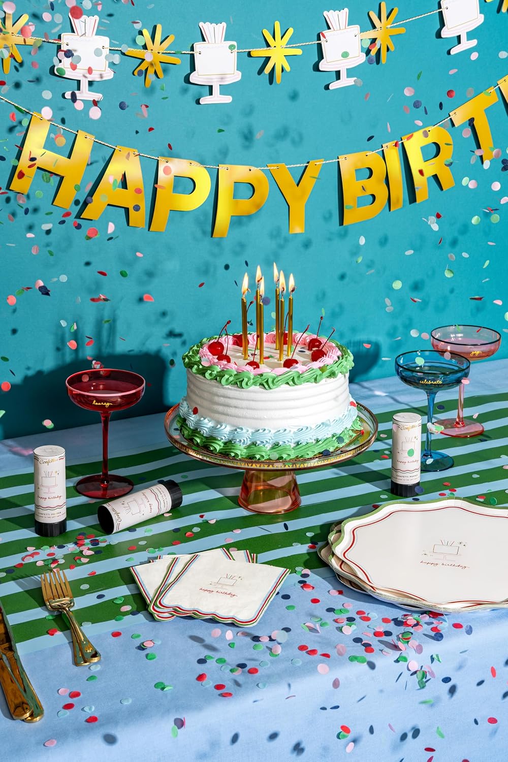 Happy Birthday Cocktail Napkins by Emergency Confetti – 5inch, Gold Foil with Scalloped Edges Retro Striped Design for Party Beverages, Snacks & Festive Tables Celebration – 40pcs Disposable Partyware