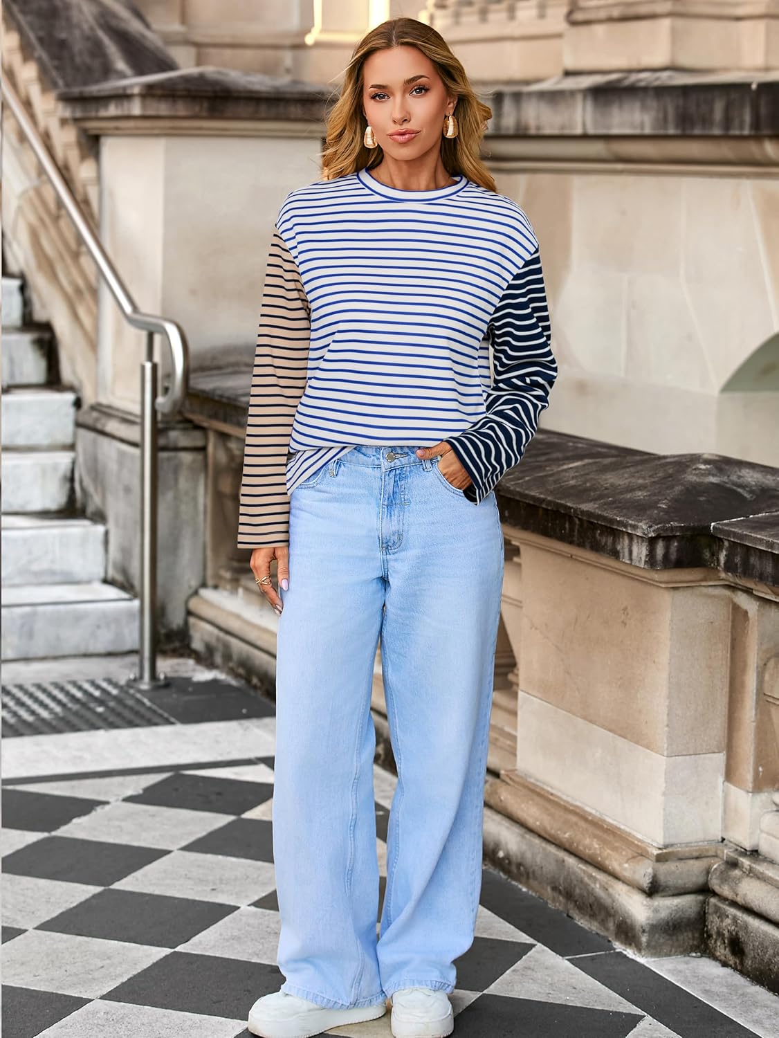 Glamaker Womens Striped Crewneck Sweatshirt Casual Color Block Top Long Sleeve Shirts Pullover Fall Outfits - Image 5