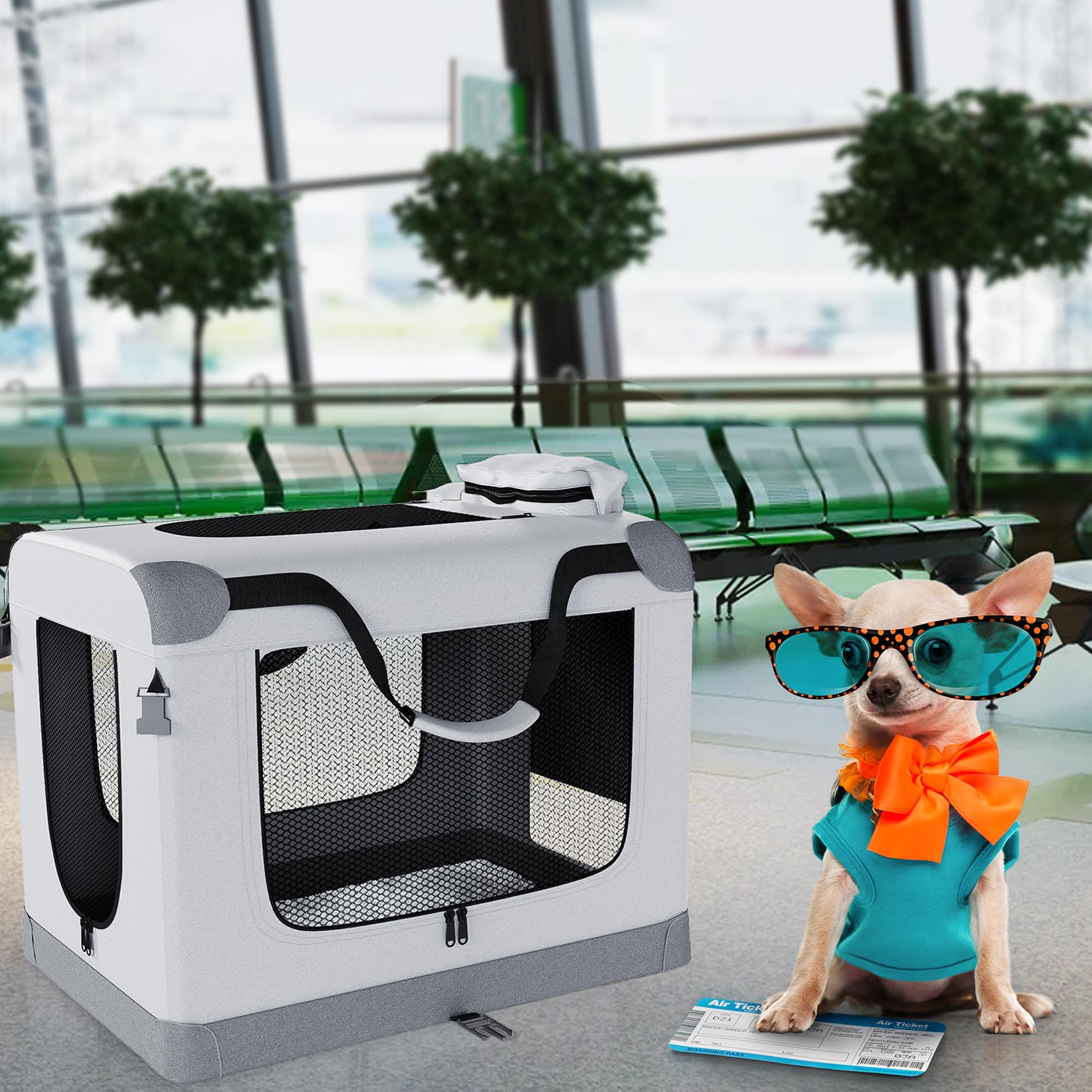 Folding Medium Dog Carrier (23,6"*16,5"*17,3") Pet Carrier, Soft Dog Crate with 3 Durable Tear-Resistant Mesh Window, Soft Pad and Bag for Supplies, Travel Crate Kennel for Pets (Gray)