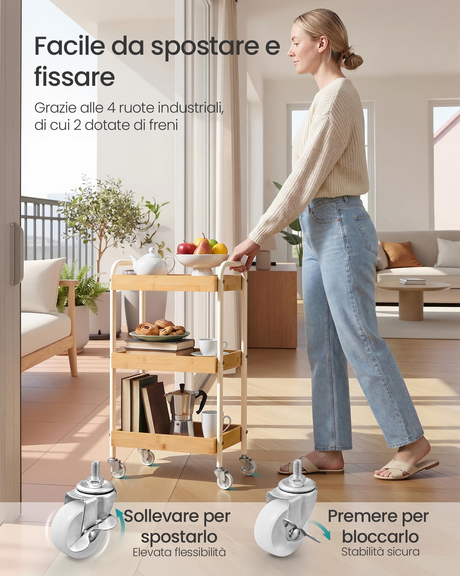 SONGMICS Carrello Portaoggetti, Carrello di Servizio, Scaffale Cucina con Maniglie, Montaggio Facile, Camera da Letto Bagno Cucina, Struttura Acciaio, 27,5 x 41,3 x 73 cm, Beige Naturale LRC081YL01