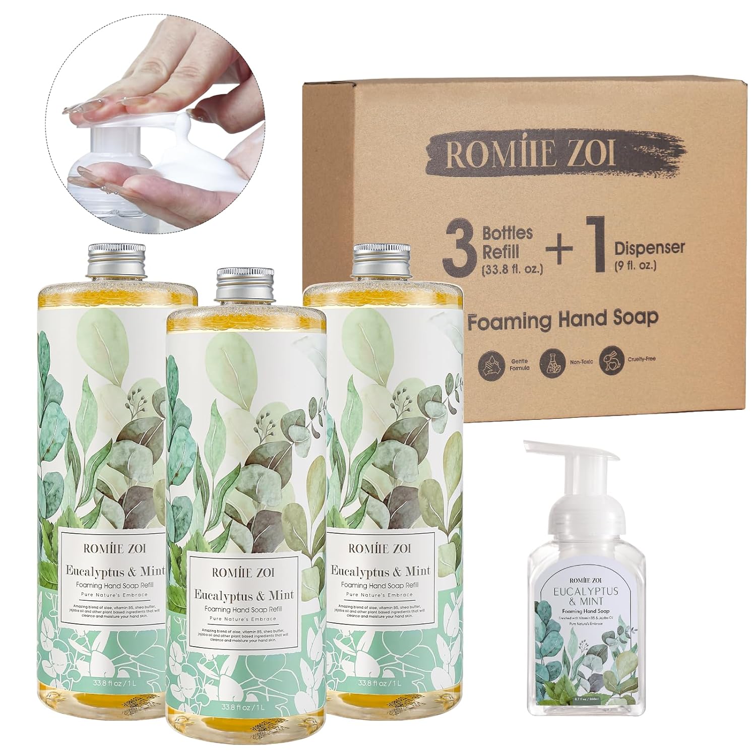 Eucalyptus & Mint Foaming Hand Soap Refills with Reusable Pump Dispenser - Natural & Cruelty-Free, Gentle & Moisturizing - Large Bottle Bulk for Home & Kitchen-1L/33.8oz (Pack of 3)