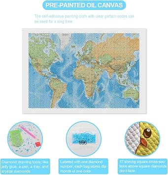 JTKBNVM World Map Diamond Art Kits for Adults Beginners Gem Art Painting Kits with Diamonds DIY 5D Full Drill Diamond Dots Paintings Craft Painting Kits for Home Wall Decor 8x12