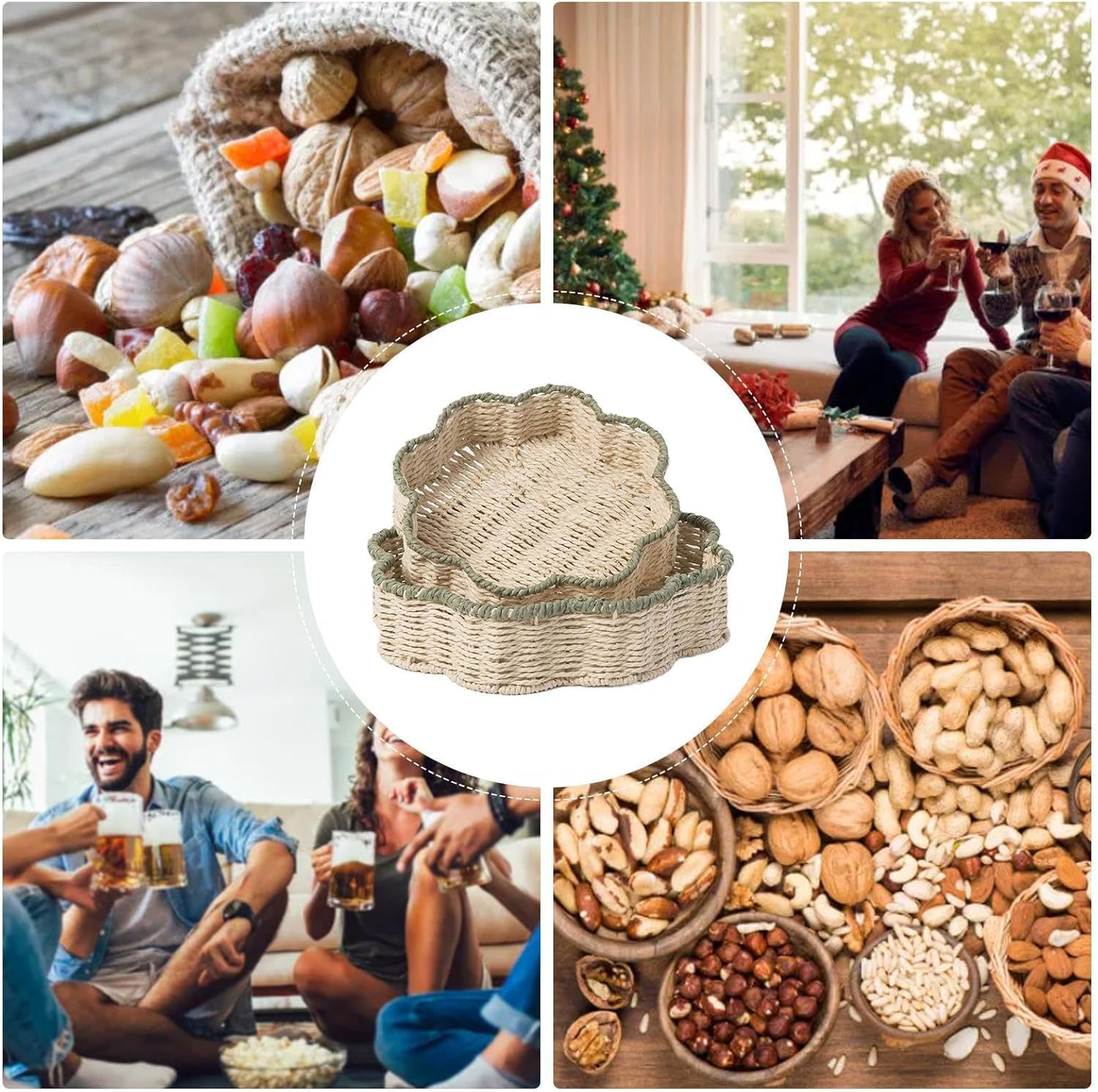 Scalloped Basket Tray, Stylish Storage with Hand-Woven Traditional Pattern, Paper Rope and Iron Round Fruit Basket Trays Multi-Purpose Serving Trays Two-Size Set Small, Home Déc