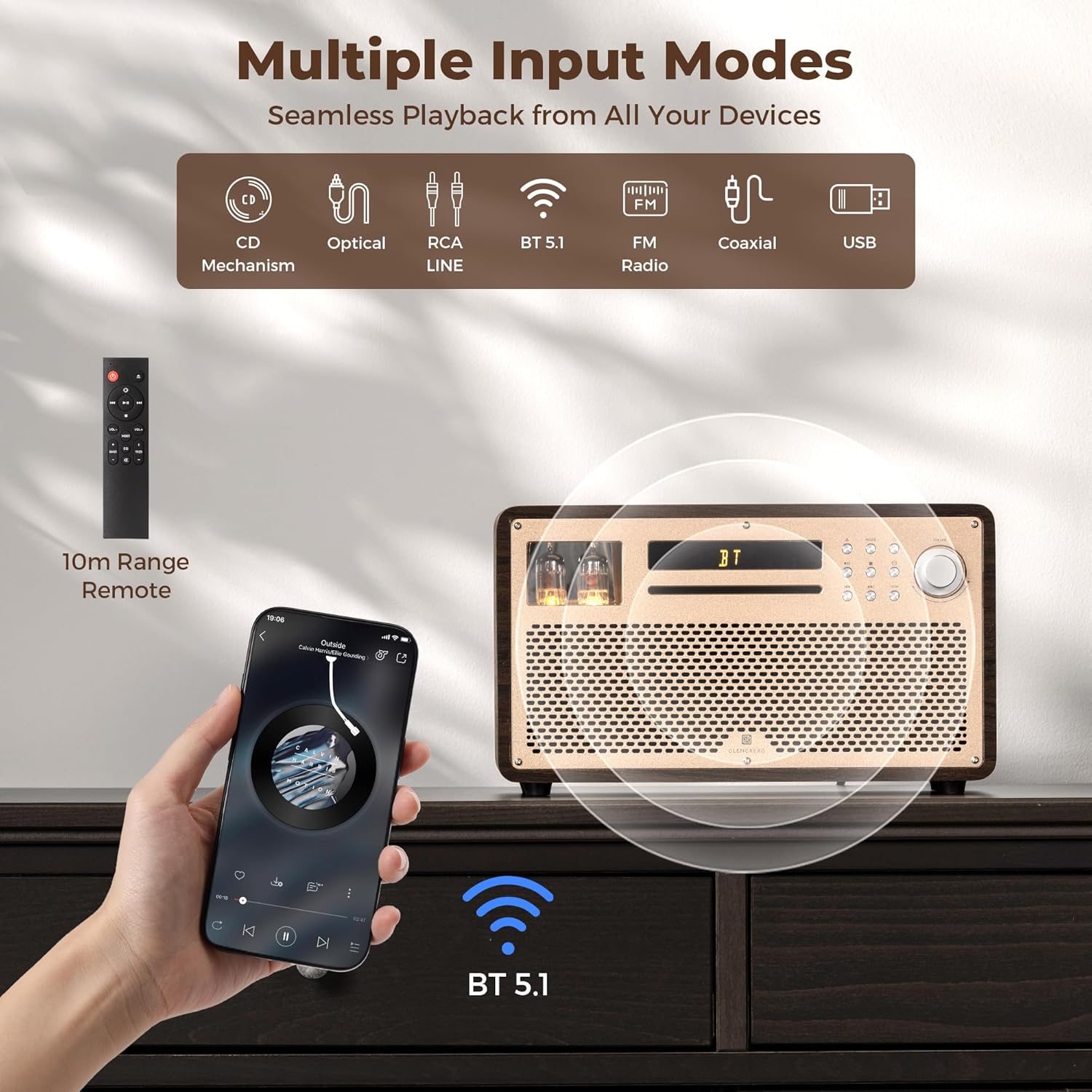 VTS01 HiFi Vacuum Tube Speaker Amplifier with ECC82 Tubes – CD/FM/BT/USB/RCA/Optical/Coaxial Inputs | Custom Sound Tuning & Remote Control - Image 3