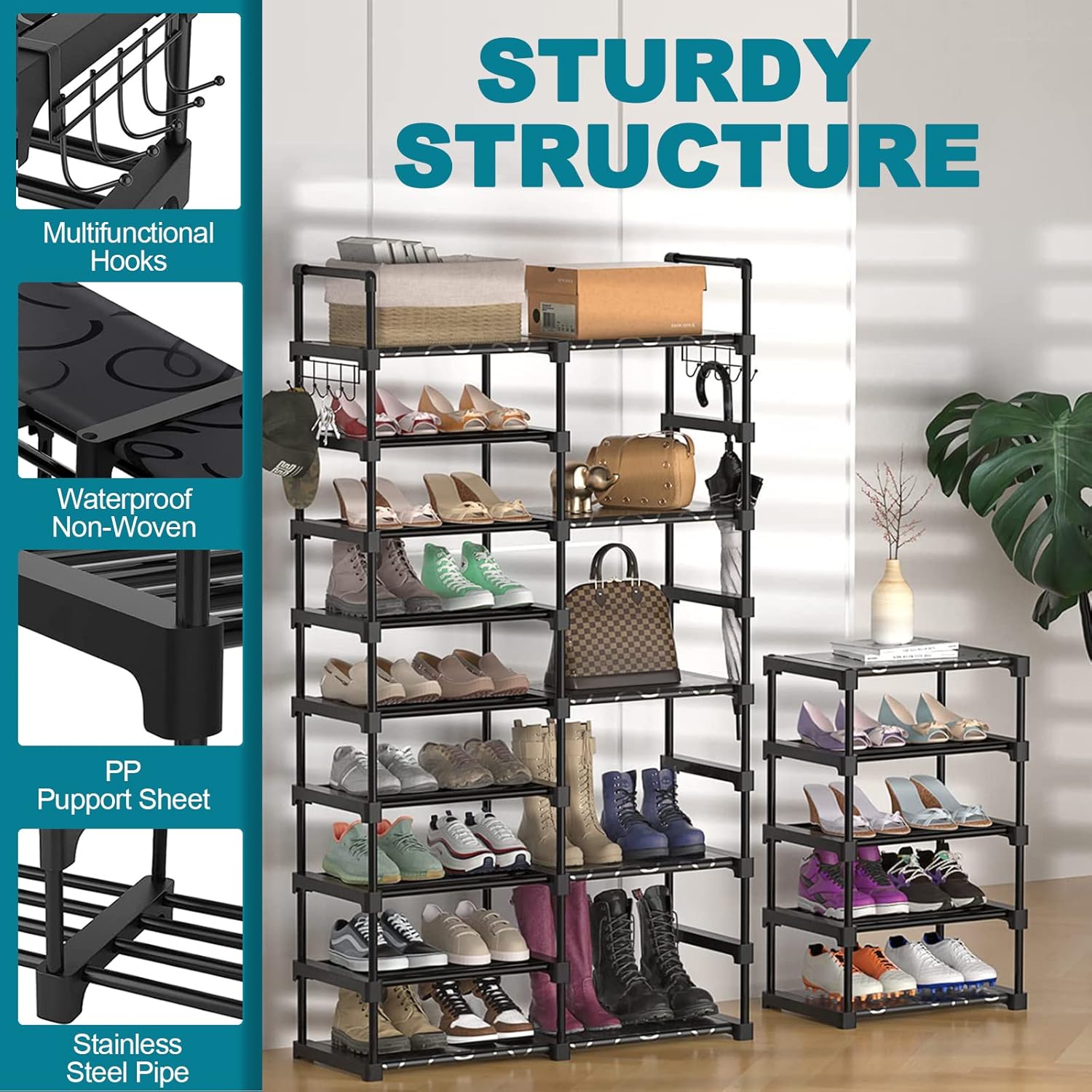 9-Tier Shoe Rack Storage Organizer, Shoe Shelf for Holds 50-55 Pairs Large Shose Stand with Adjustable Side Hooks for Entryway and Hallway
