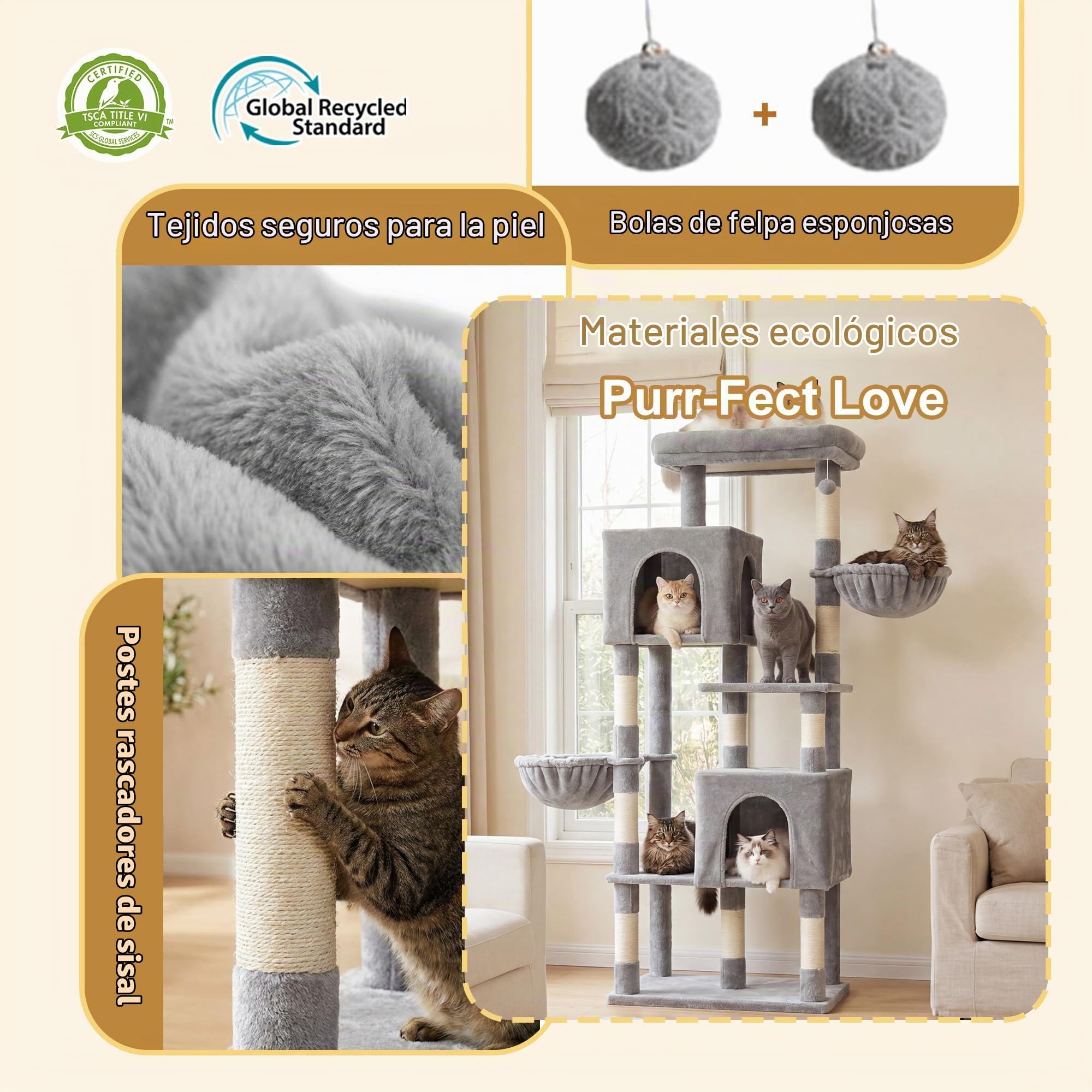 Heybly Árbol para Gatos de 173 cm para Gatos de Interior, Torre Resistente con Plataforma Superior Extra Grande, 2 Condos Acogedores, 2 Cestas, 10 Postes Rascadores de Sisal, Gris Claro HCT059W