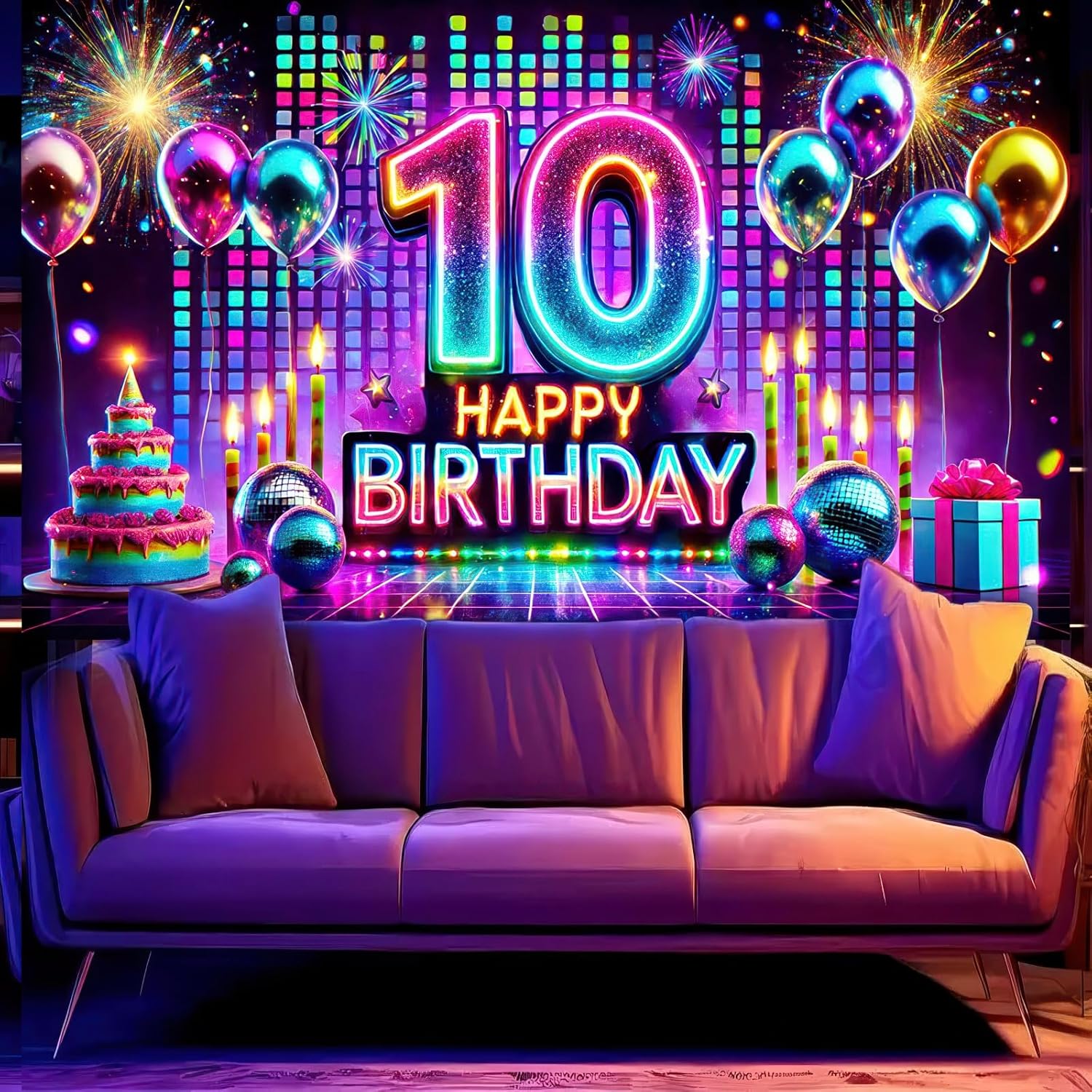10th Happy Birthday Banner Glow in The Dark Party Photography Backdrops Neon Happy Birthday Party Banner Decoration for Kids Boys Girls Photo Backdrop Photo Prop 71x43 In UV Blacklight