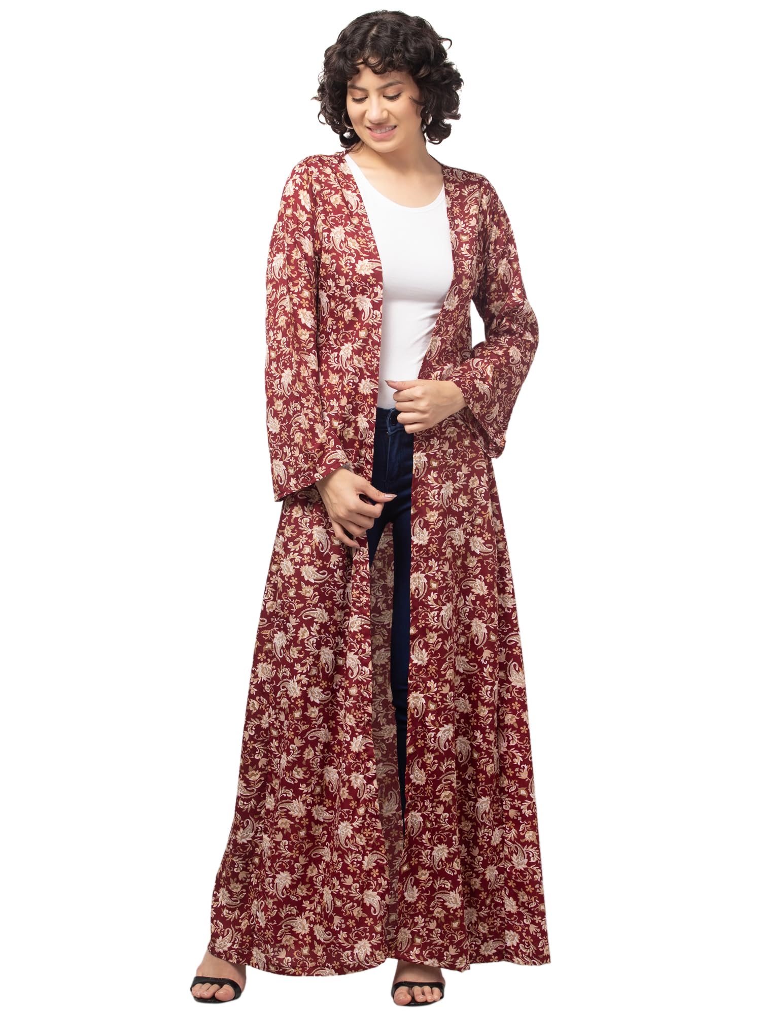 fia fashion Women's Floral Print Shrug Abaya, Maroon, Full Length, Open Front, Long Sleeve-picture-27