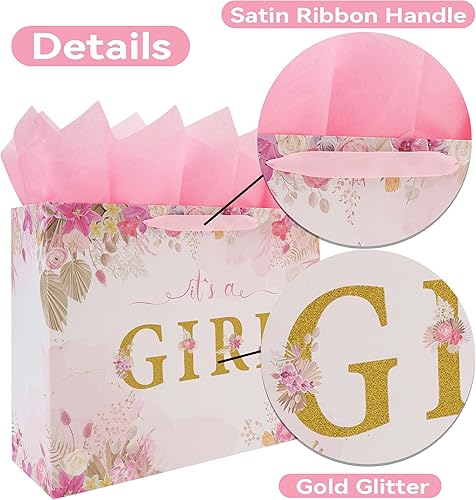 Miniatura 4 de Juego de bolsas de regalo extra grandes de 16.5 pulgadas con asas, tarjeta de felicitación, papel de seda rosa y calcomanías para niñas y niños para