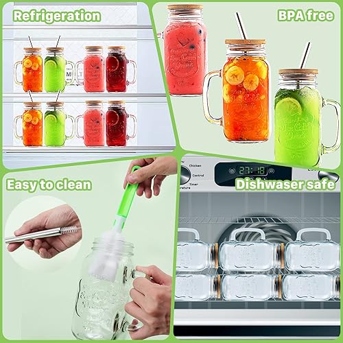 Miniatura 5 de Paquete de 4 tarros Mason de 24 onzas con asa, vasos reutilizables para beber, tarros Mason con tapas de bambú y popotes de acero inoxidable, vaso