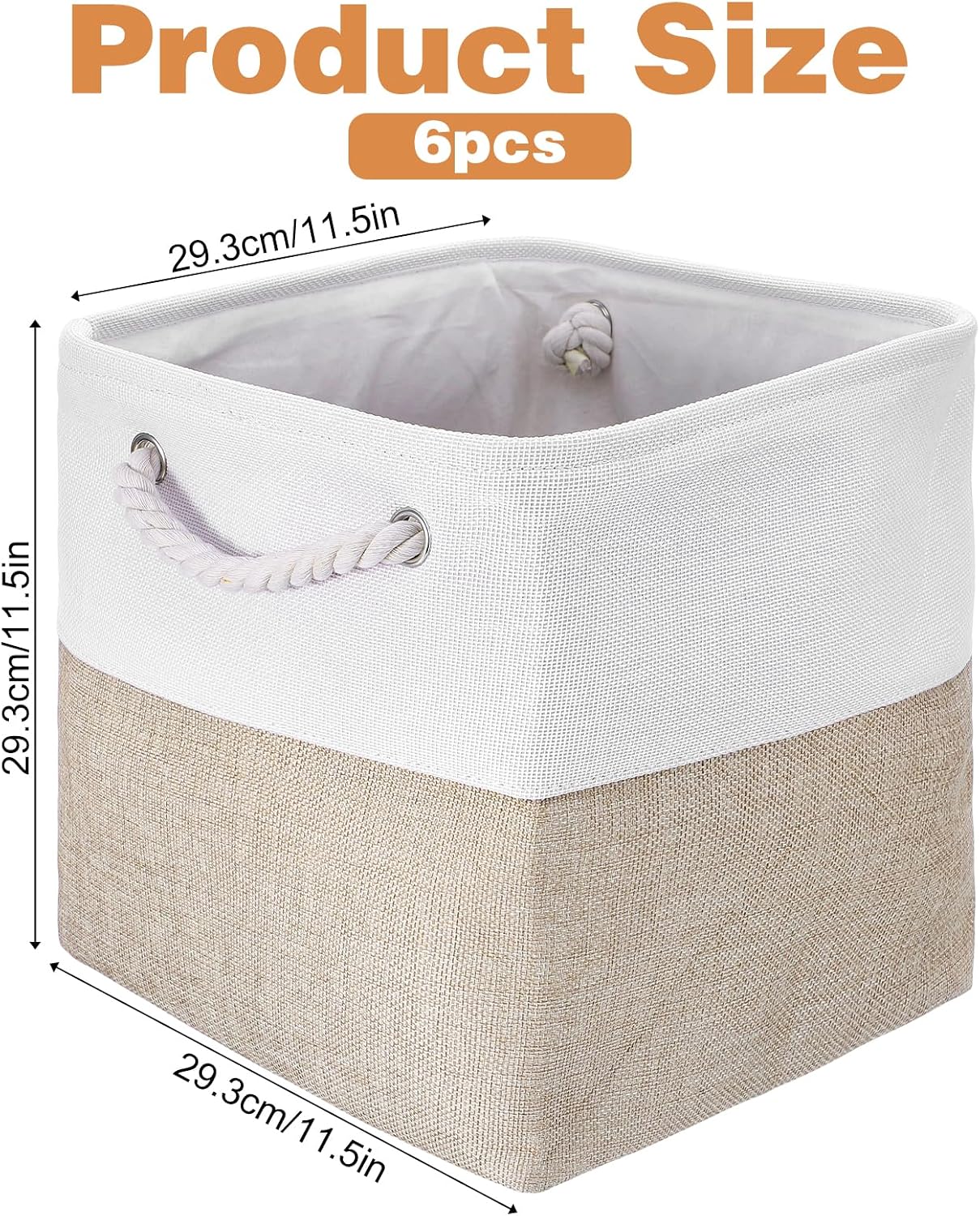 6 Pack 11.5 Inch Cube Storage Bins – Foldable Fabric Storage Cubes with Rope Handles, Sturdy Linen Baskets for Closet Organization, Shelves, Clothes, and Towels (White & Beige)