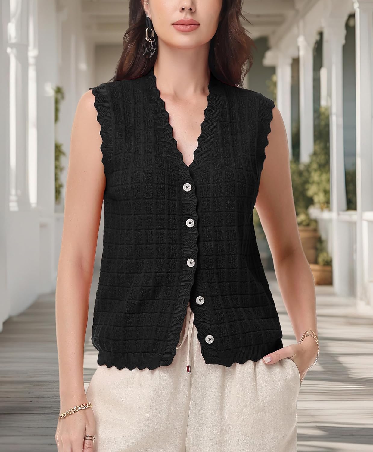 Trendy Sweater Vest Waffle Knit Top Vest V Neck Cardigan Sweater Casual Sleeveless Tops Cute Ruffle Vest - Image 4