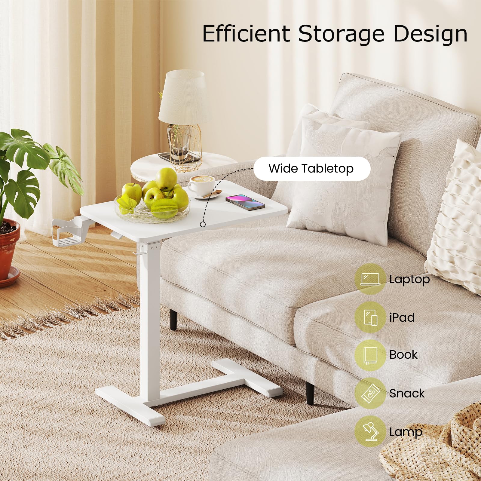 LIFEZEAL Mesa Auxiliar para Sofá en Forma de C, Altura Ajustable, Mesa Lateral para Cama, con Ruedas Ocultas, Soporte para Bebidas, Ganchos para Auriculares (Blanco)