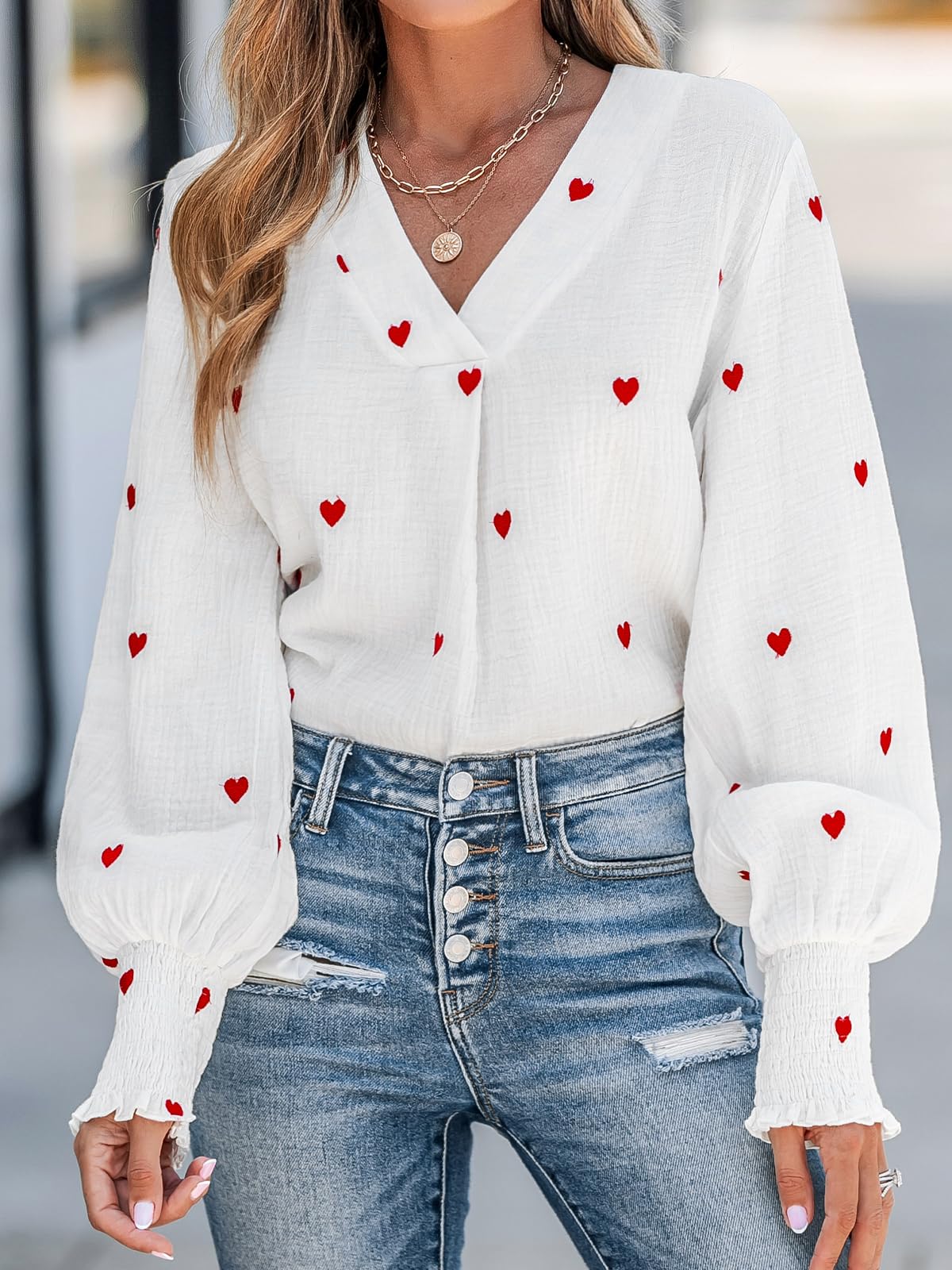 CUPSHE Bluse Damen Elegant Baumwolle Langarm V-Ausschnitt Herz-Stickerei