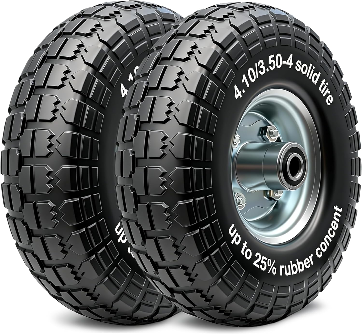 4.10/3.50-4 Tire and Wheel Solid Tire with 2.2" Offset Hub, 5/8" Bearing, Replaces Dolly Wheels,Hand Truck Wheels,for Generator,Gorilla Cart,Lawn Mower,Garden Wagon 2pc
