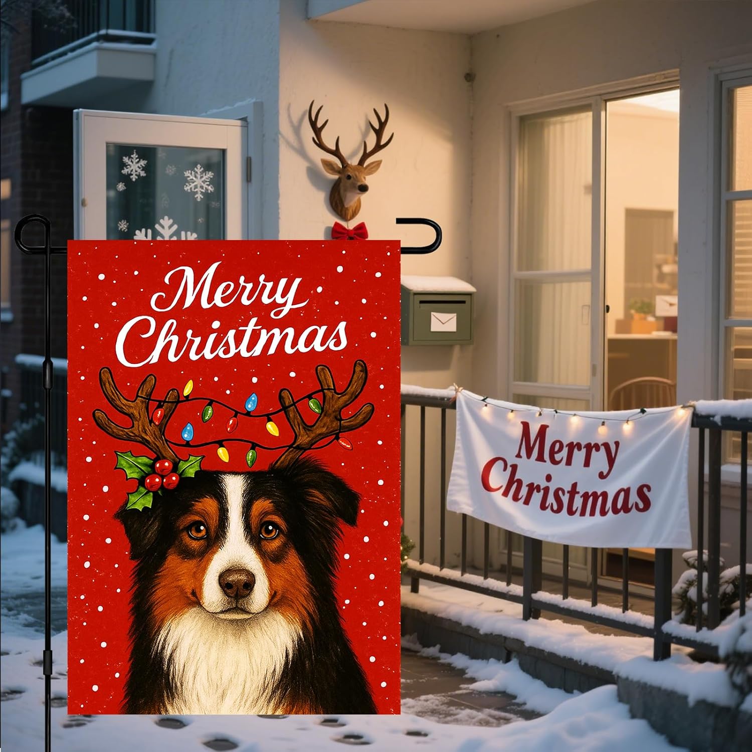 Christmas Garden Flag 12x18 Inch Welcome Australian Shepherd Dog Outdoor Flag Double Sided Holiday Puppy Yard Banner with Antlers and Lights for Porch Lawn Patio - Image 6