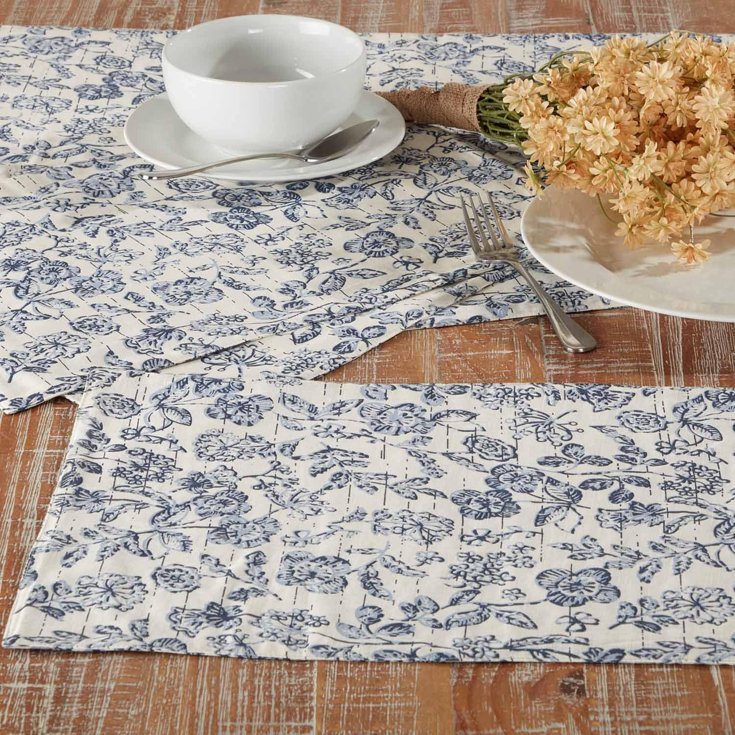 Doylestown Floral Reversible Placemats, Set of 4, 12" x 18", Blue & Cream Flower Print, Vintage Farmhouse, Country Cottage Tabletop Mats