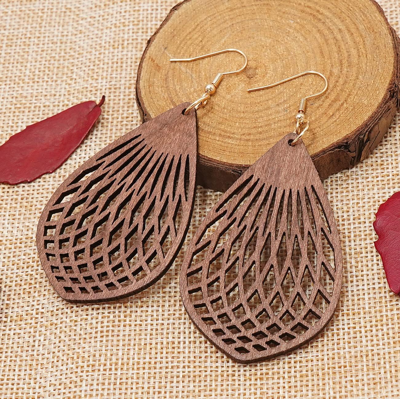 Wood Earrings for Women Natural Wooden Waterdrop Drop Dangle Earring - Image 5