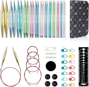 RUIDI Circular Knitting Needles Set, 13 Sizes Aluminium Interchangeable Circular Knitting Needles Set with Case & Accessories, 4" 10cm | 2.75mm to 10mm Muticolour