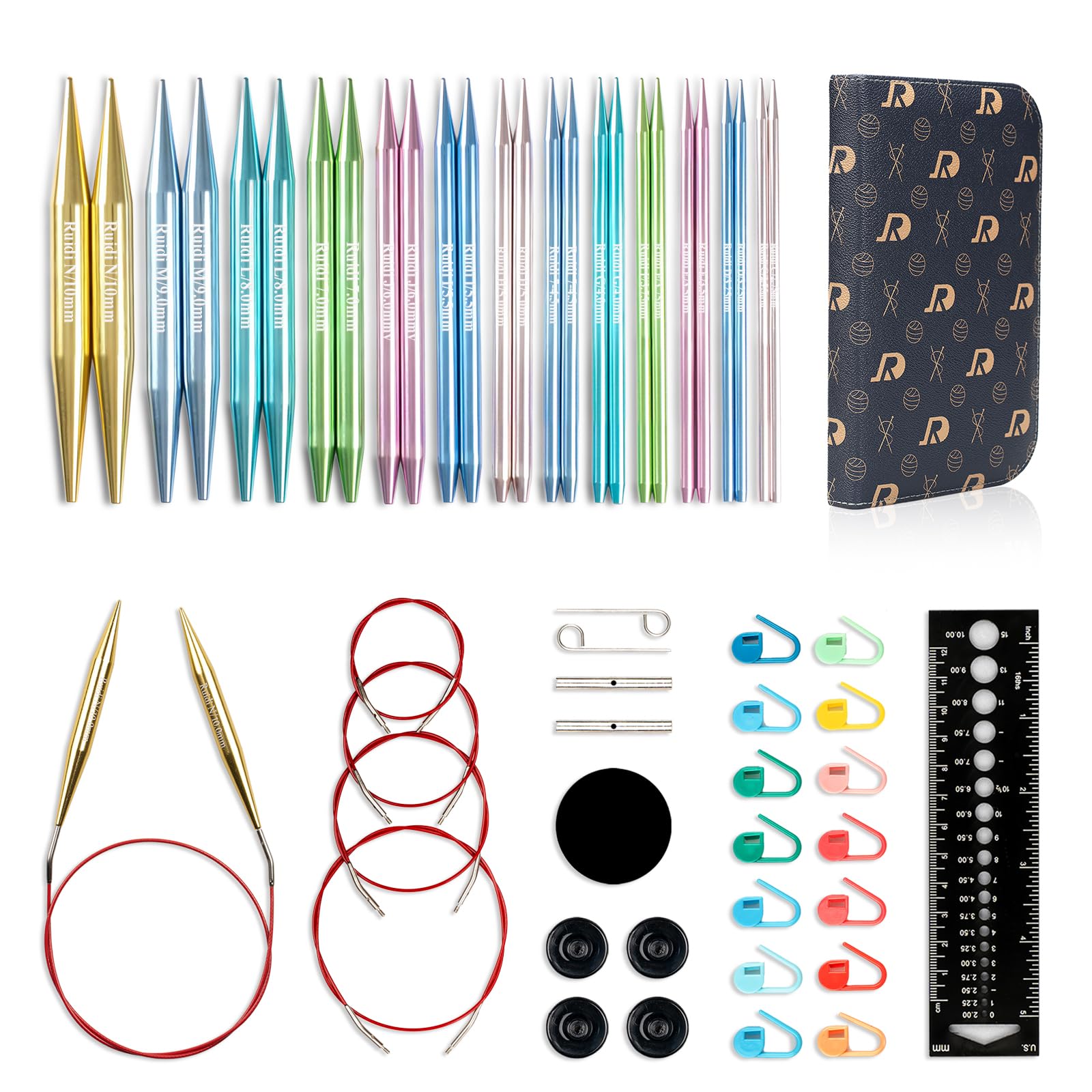 RUIDI Circular Knitting Needles Set, 13 Sizes Aluminium Interchangeable Circular Knitting Needles Set with Case & Accessories, 4" (10cm) | (2.75mm to 10mm) (Muticolour)