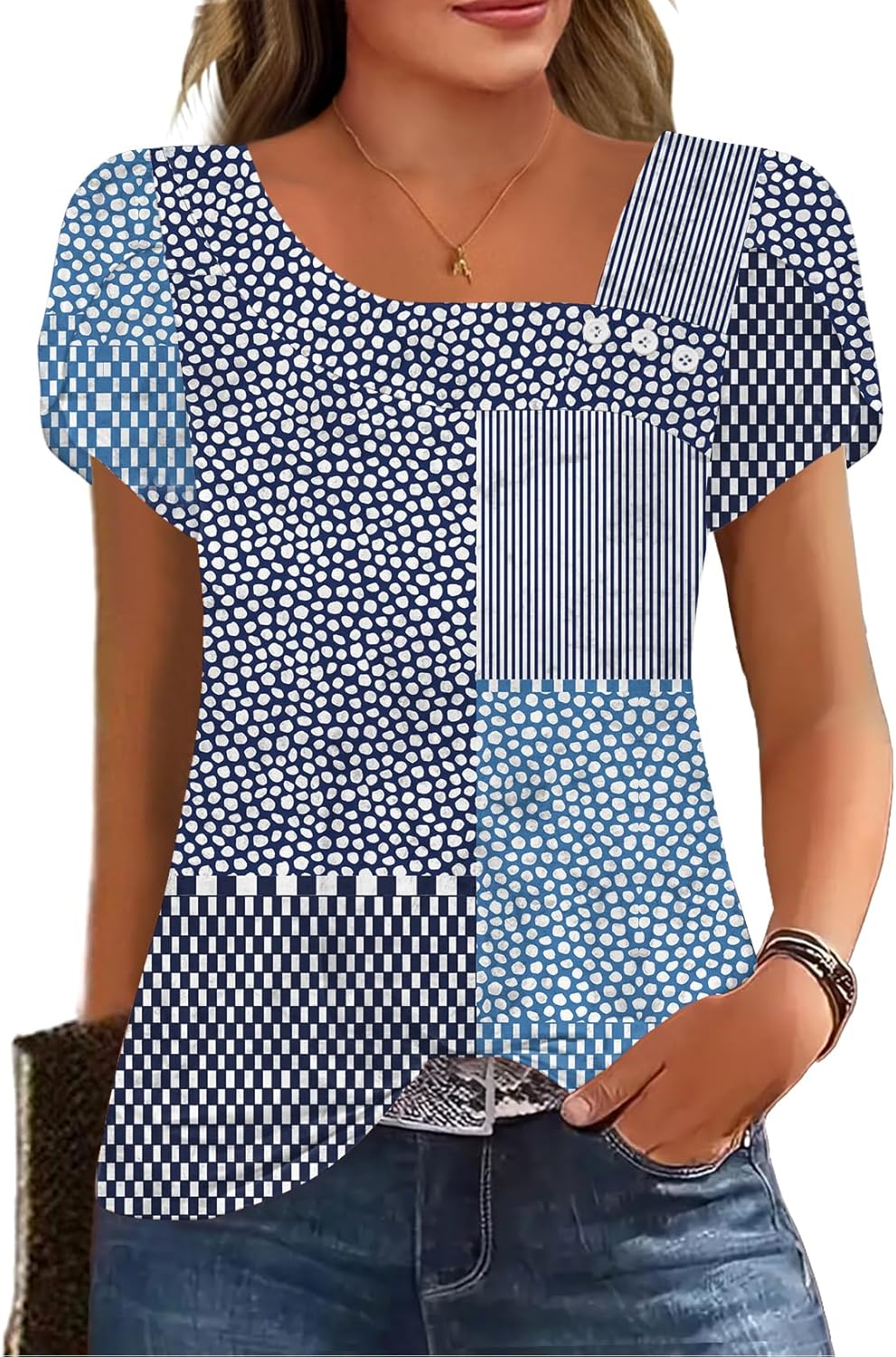 Womens Petal Sleeve Tops Summer Trendy T Shirt Casual Loose Square Neck Button Blouse Tees