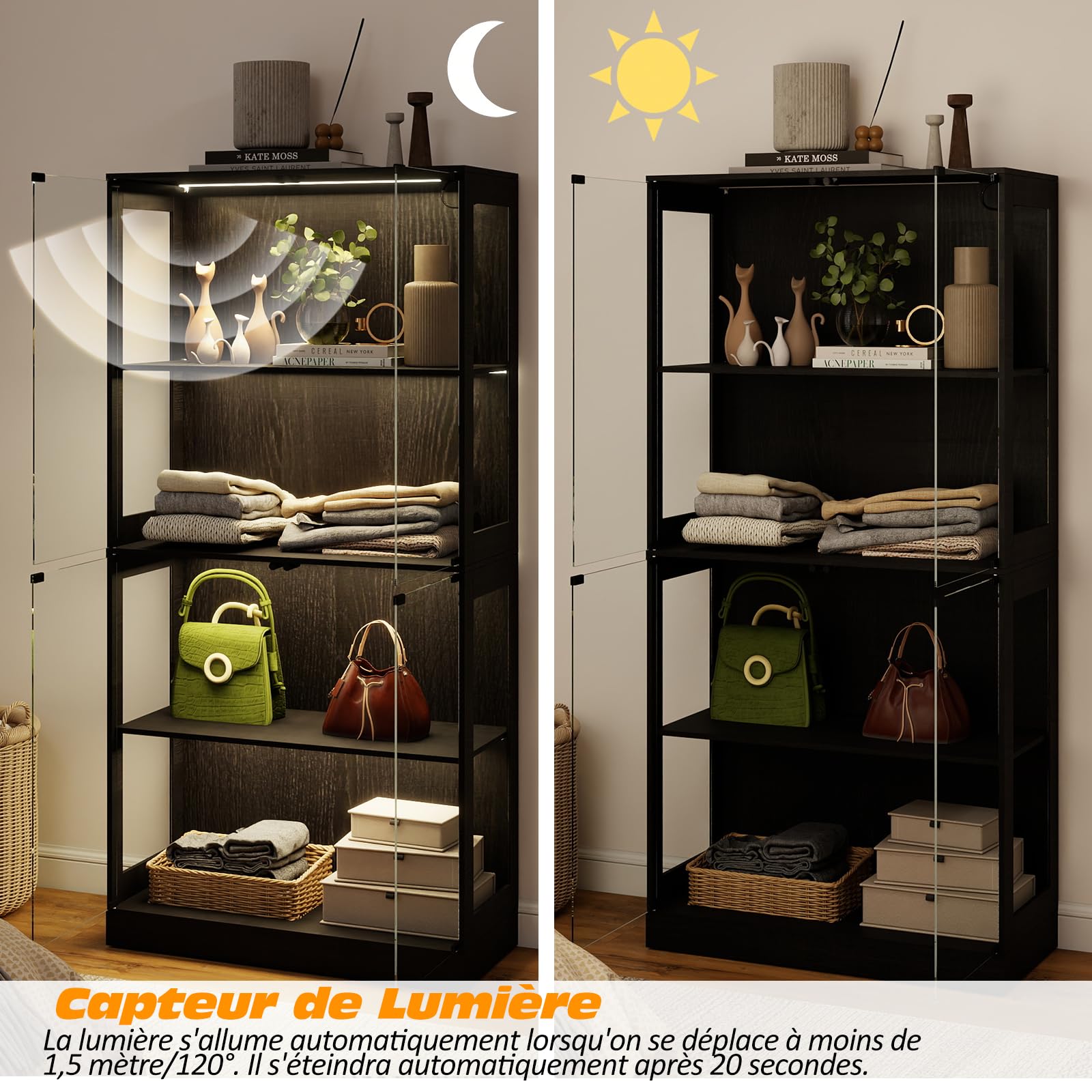 YU YUSING Vitrina Cristal Expositora para Colecciones con LED, Negra