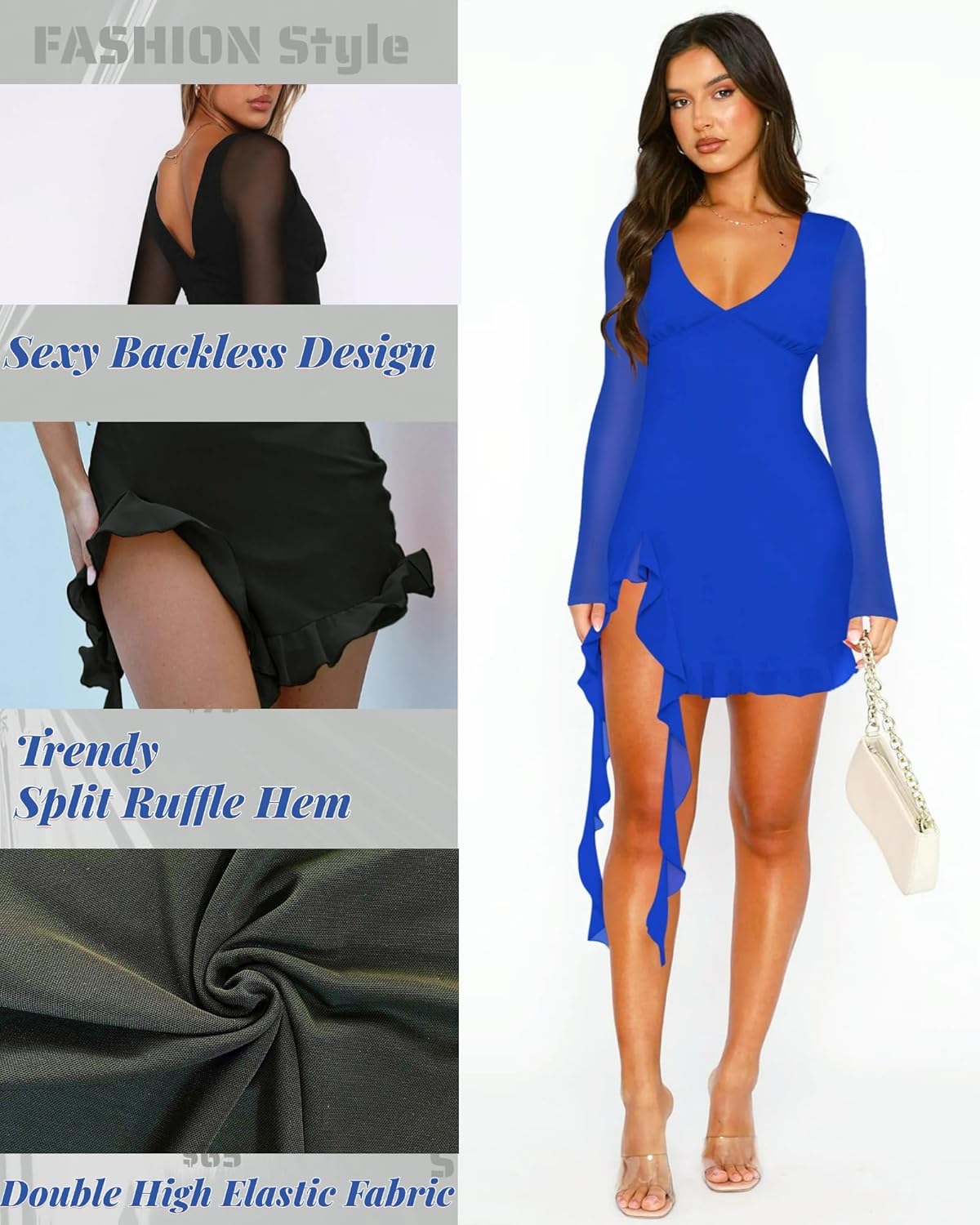 Doweha Women's Sexy Bell Long Sleeve Ruffle Slit Mini Mesh Dress Summer V Neck Backless Bodycon Short Party Cocktail Dress