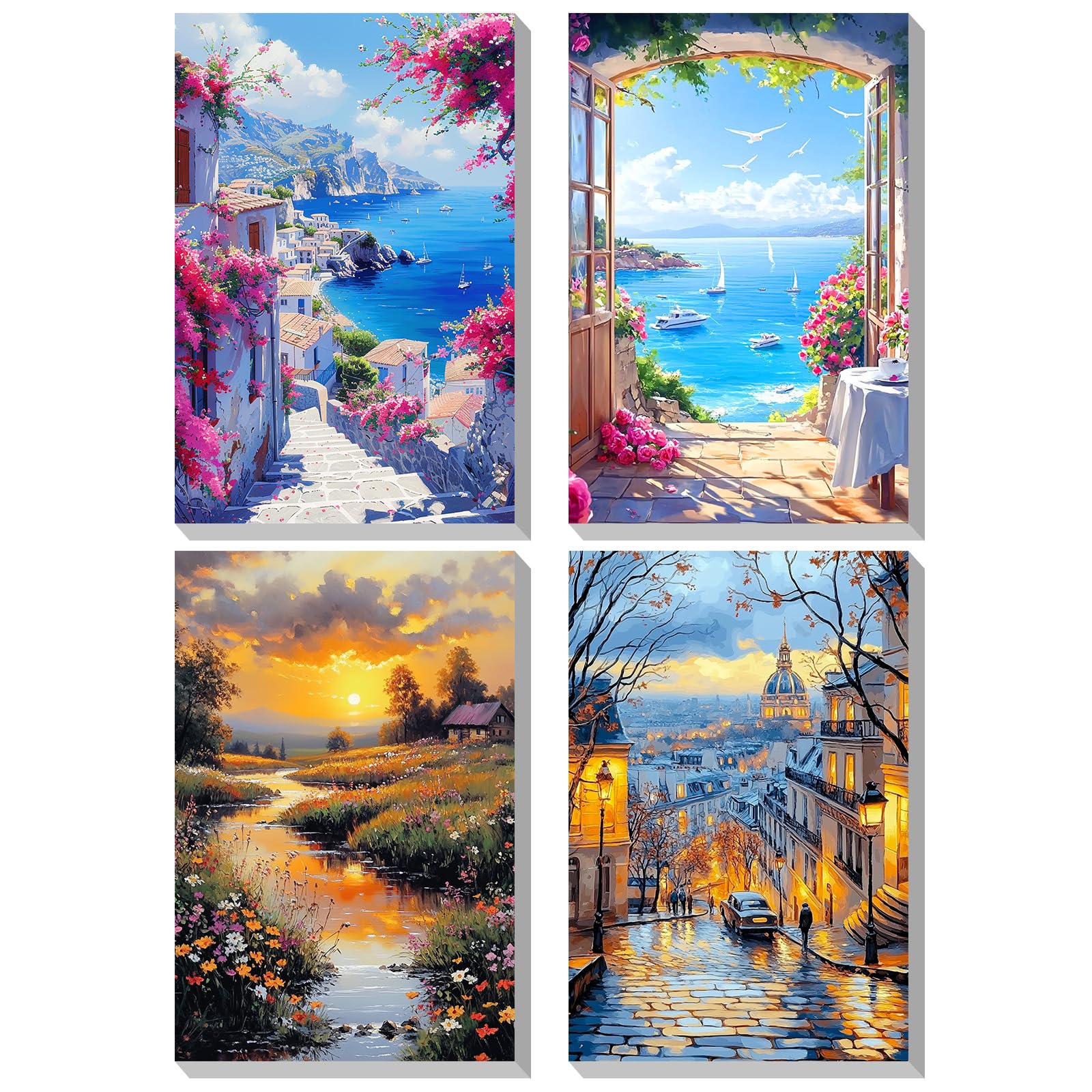 KEYIFA 4 Pack Paint by Numbers Kits for Adults Beginners, Landscape Paint by Numbers Framed on Canvas，DIY Craft Art Painting Kits for Children，Oil Painting Kits Home Wall Decor